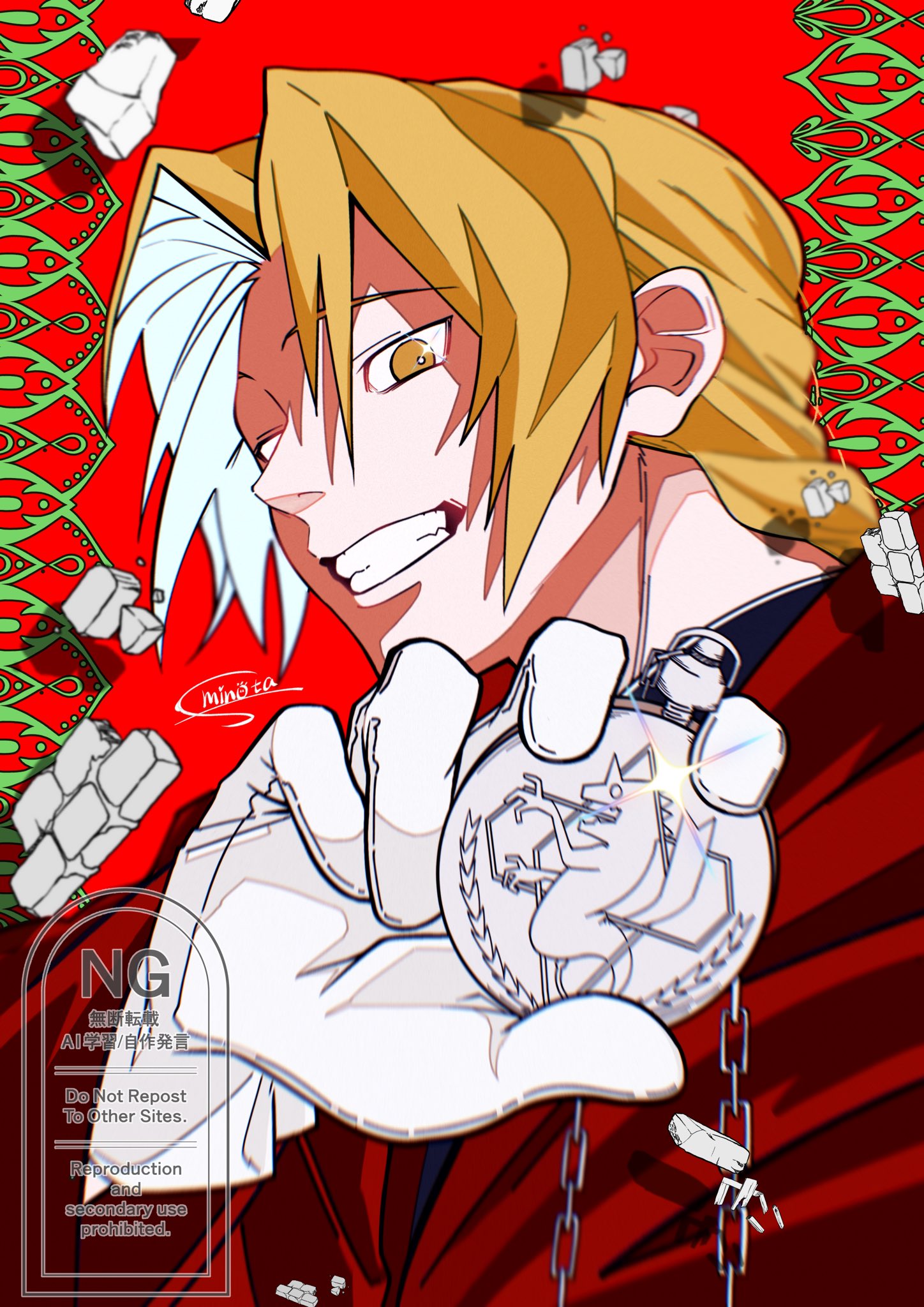 edward elric, fullmetal alchemist, highres, 1boy, black jacket, blonde hair, braid, brick, coat, gloves, grin, hair between eyes, holding, holding pocket watch, jacket, long hair, male focus, minos ta, parted lips, pocket watch, red background, red coat, single braid, smile, solo, sparkle, teeth, upper body, watch, white gloves, yellow eyes
