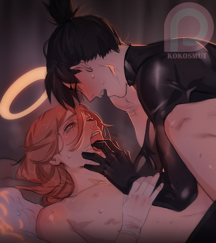 kokoko-sir, angel devil (chainsaw man), hayakawa aki, chainsaw man, cropped, paid reward available, 2boys, angel wings, black hair, blush, bodysuit, fingers to mouth, glowing, glowing halo, hair between eyes, halo, latex, latex bodysuit, long hair, looking at another, lying, male focus, multiple boys, nipples, nude, on back, on bed, patreon logo, patreon username, short hair, sweat, teeth, traditional halo, upper teeth only, white wings, wings, yaoi