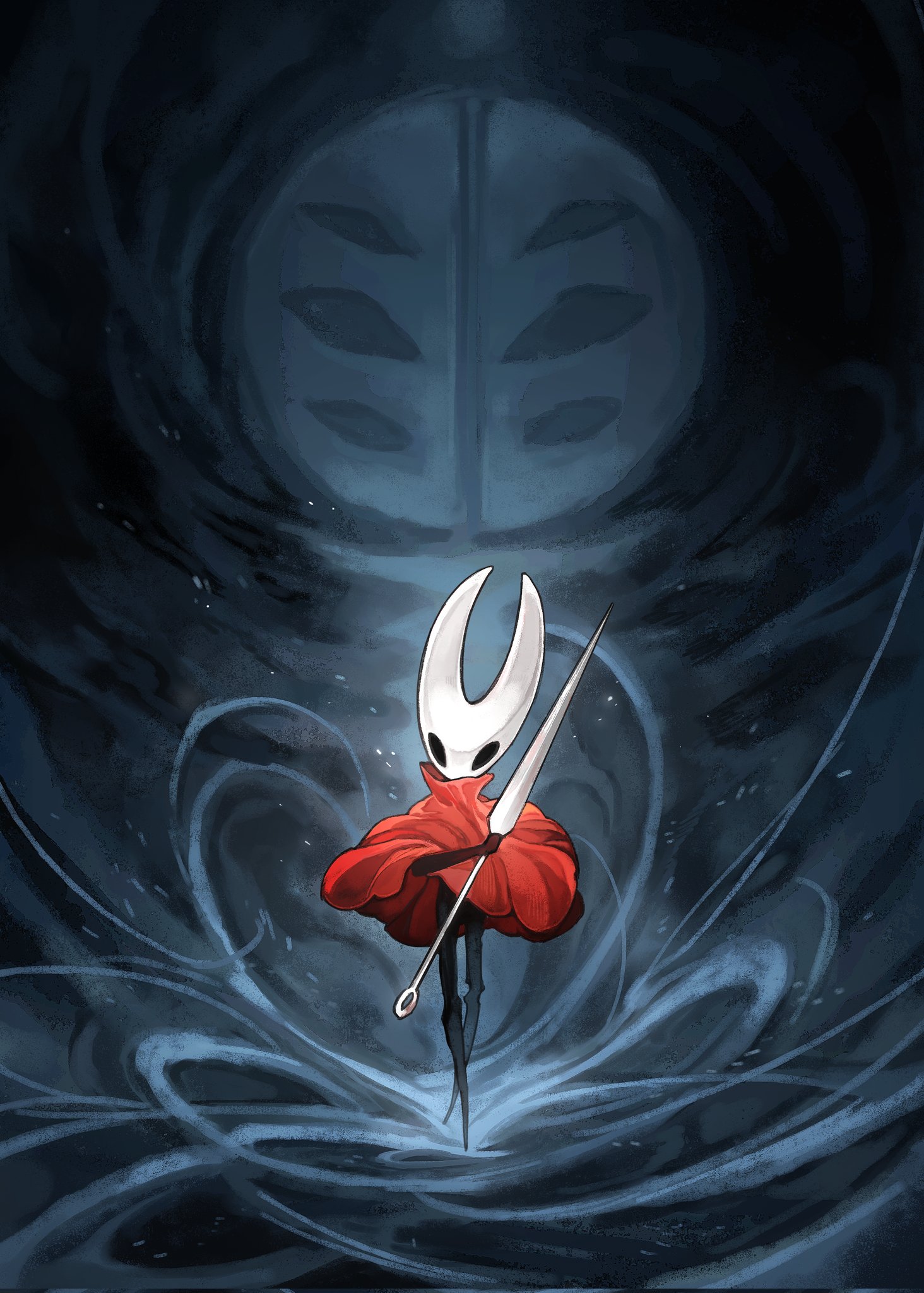 darkdog, hornet (hollow knight), hollow knight, hollow knight: silksong, highres, arthropod girl, black eyes, black skin, cloak, colored skin, full body, holding, holding needle, holding weapon, hollow eyes, horned mask, horns, looking at viewer, mask, needle, needle (hollow knight), red cloak, standing, thread, weapon, white mask