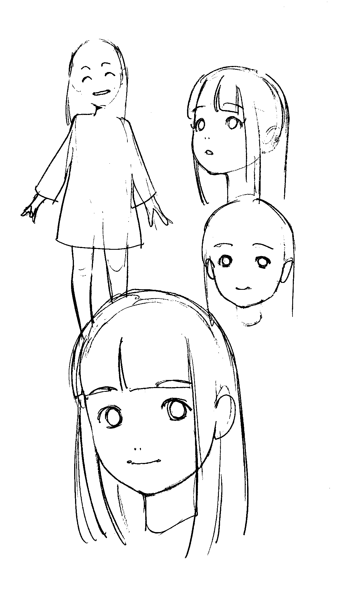 original, highres, 1girl, blunt bangs, greyscale, guide, ishiuchiagogo, long sleeves, looking at viewer, monochrome, multiple views, simple background, sketch, smile, standing, white background
