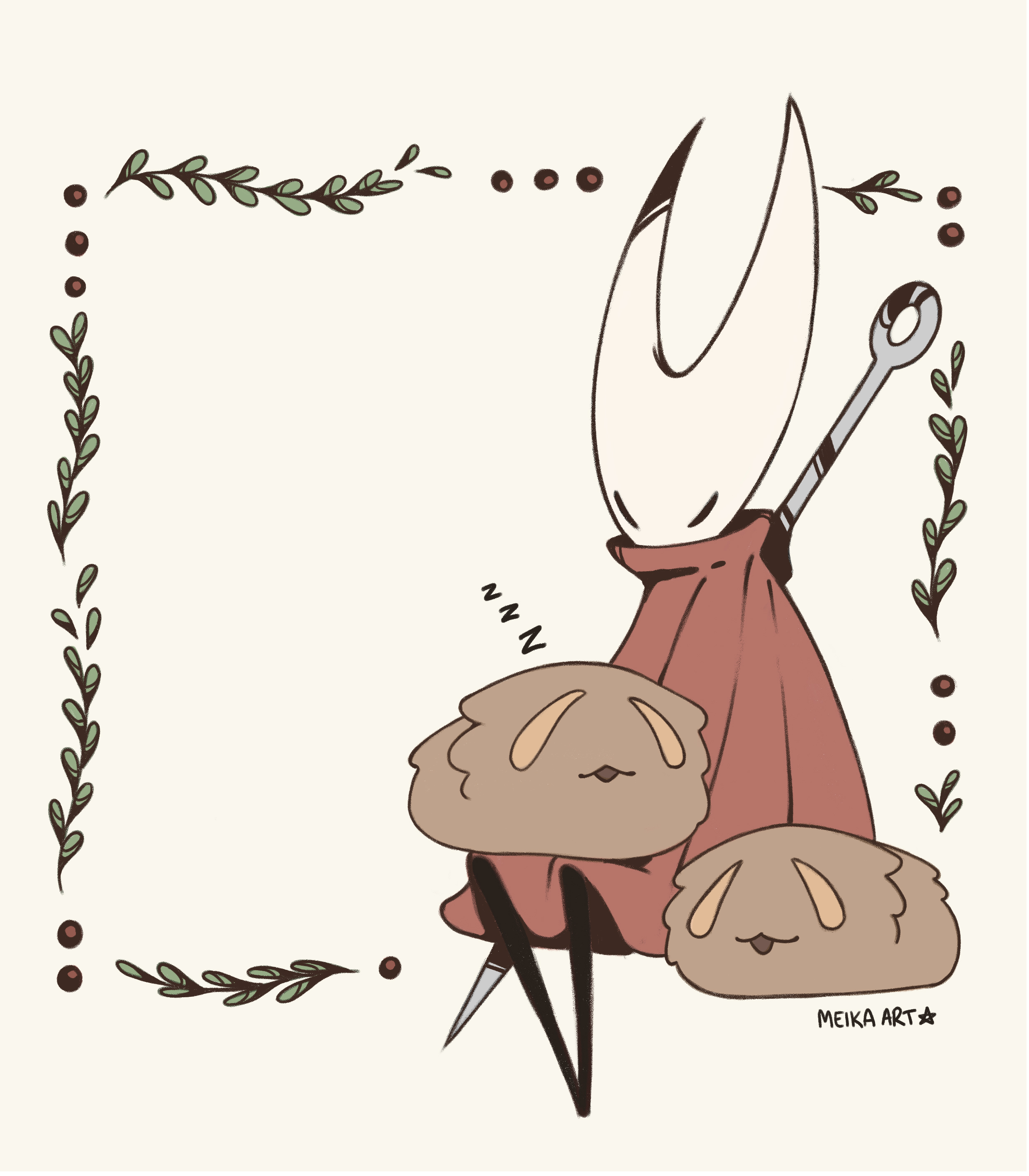 meikaartist, flea (hollow knight), hornet (hollow knight), hollow knight, hollow knight: silksong, absurdres, highres, 1girl, animal, animal on lap, arthropod girl, black skin, cloak, colored skin, full body, horned mask, horns, mask, needle (hollow knight), on lap, red cloak, sitting, sleeping, weapon, weapon on back, white background, white mask