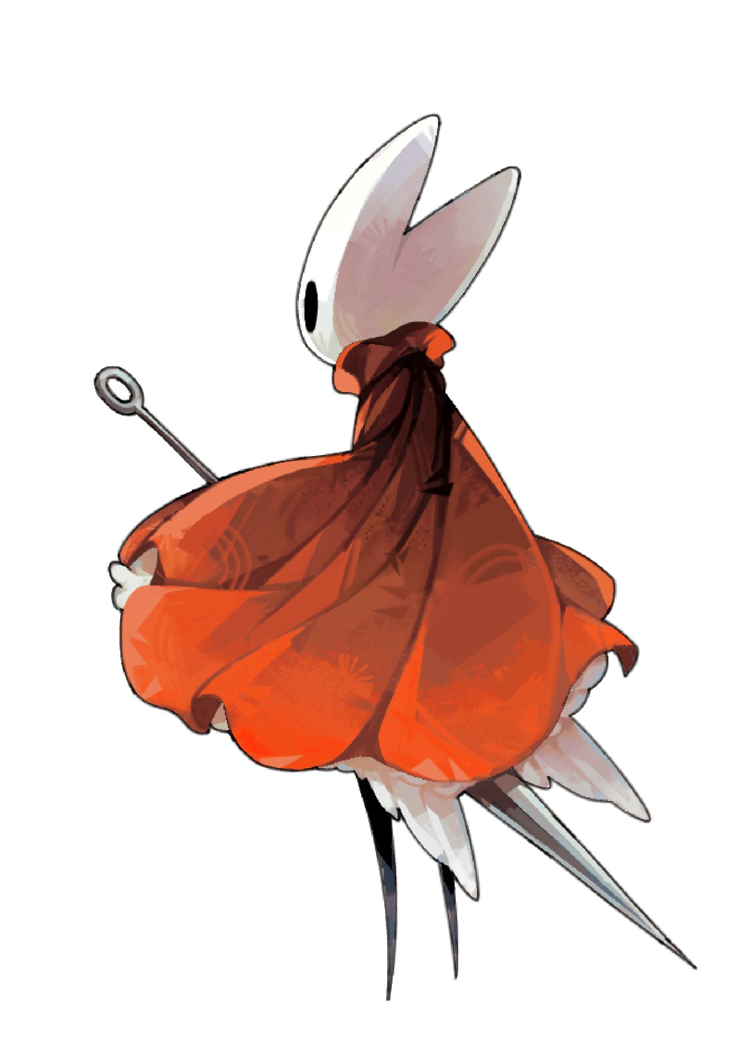 alicezakat, hornet (hollow knight), hollow knight, hollow knight: silksong, highres, 1girl, arthropod girl, black eyes, black skin, cloak, colored skin, from behind, full body, hollow eyes, horned mask, horns, mask, needle (hollow knight), red cloak, simple background, solo, standing, weapon, white background, white mask