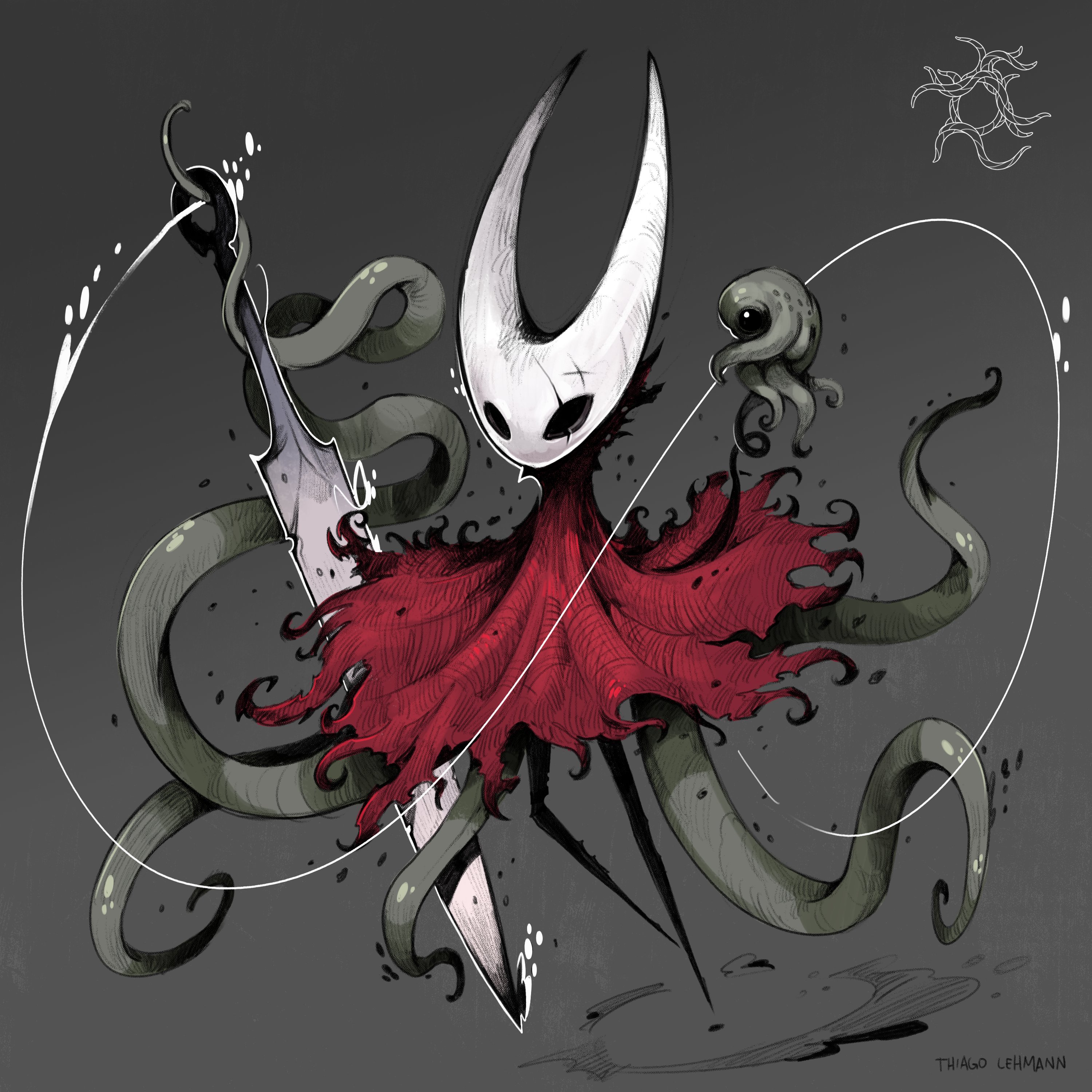 thiago lehmann, hornet (hollow knight), hollow knight, hollow knight: silksong, absurdres, chinese commentary, commentary request, highres, 1girl, arthropod girl, artist name, cloak, crest (hollow knight), floating, full body, holding, holding weapon, holding with tentacle, hollow eyes, horned mask, horns, mask, needle (hollow knight), no mouth, red cloak, simple background, tentacles, thread, weapon, white background, white mask