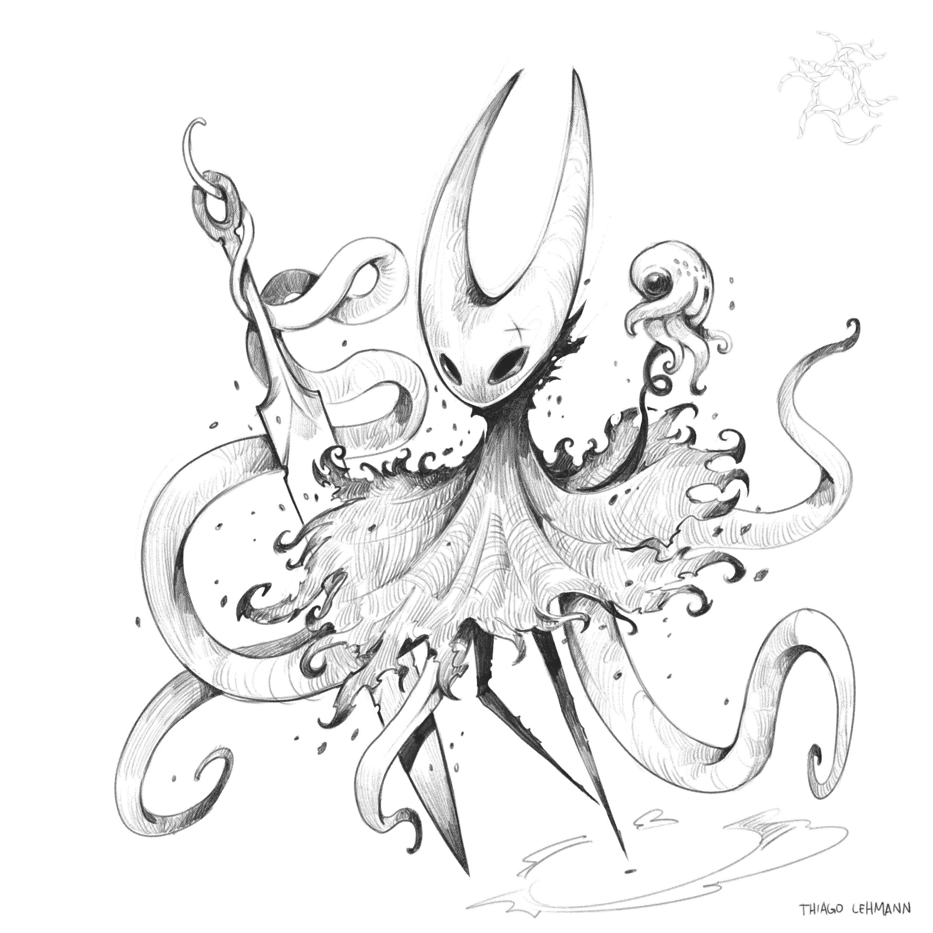 thiago lehmann, hornet (hollow knight), hollow knight, hollow knight: silksong, absurdres, chinese commentary, commentary request, highres, 1girl, arthropod girl, artist name, cloak, crest (hollow knight), floating, full body, holding, holding weapon, holding with tentacle, hollow eyes, horned mask, horns, mask, needle (hollow knight), no mouth, simple background, tentacles, weapon, white background