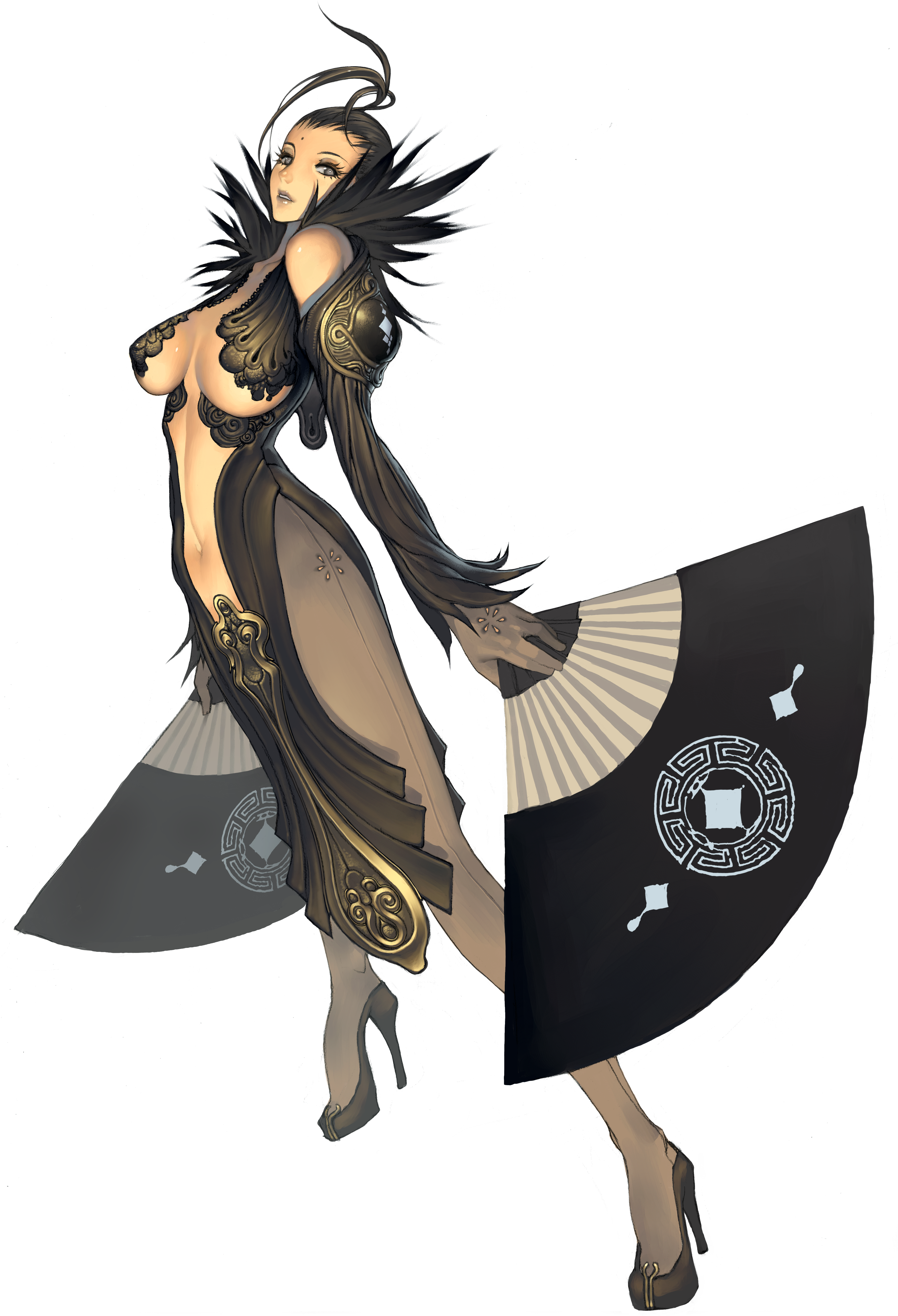 kim hyung tae, carian lora, magna carta, magna carta crimson stigmata, absurdres, highres, scan, black hair, breasts, cleavage, dual wielding, folding fan, hand fan, high heels, navel, shoes, thighhighs, underboob