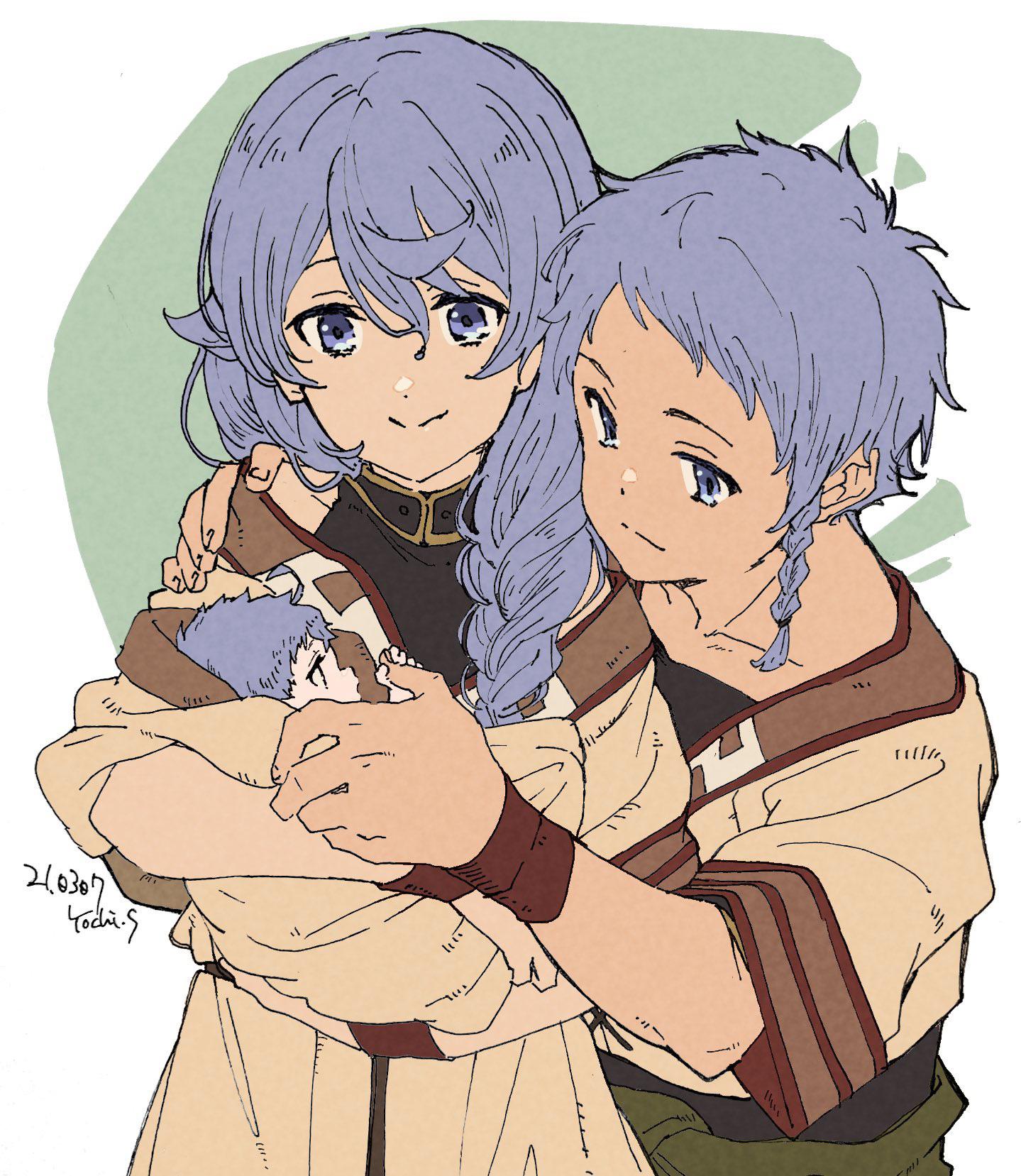 saitou yoshiko, rokari migurdia, rowin migurdia, roxy migurdia, mushoku tensei, highres, aged down, ahoge, baby, blue eyes, blue hair, braid, carrying, carrying baby, carrying person, hand on another's shoulder, holding another's finger, husband and wife, looking at another, smile, white background, wrist cuffs