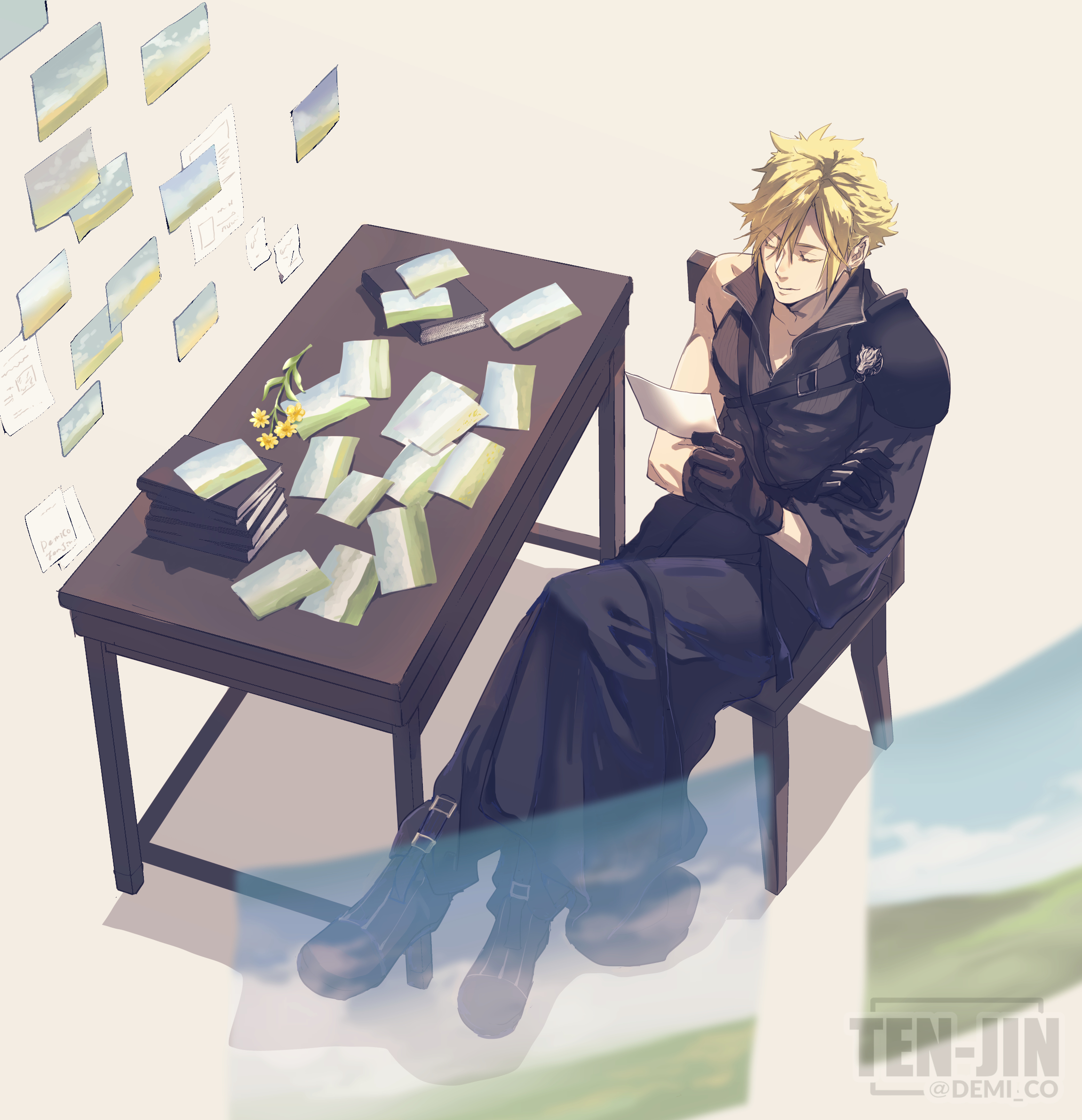 demi co, fenrir (fenriluuu), cloud strife, final fantasy, final fantasy vii, final fantasy vii advent children, highres, 1boy, armor, artist name, black boots, black cape, black gloves, black pants, black sleeves, black vest, blonde hair, book, book stack, boots, cape, chair, chest strap, closed eyes, closed mouth, crossed legs, earrings, flower, from above, full body, gloves, hair between eyes, hand on own arm, holding, holding photo, jewelry, light smile, looking at object, male focus, pants, pauldrons, photo (object), popped collar, short hair, shoulder armor, single bare shoulder, single earring, single pauldron, single sleeve, solo, spiked hair, table, twitter username, vest, waist cape, yellow flower
