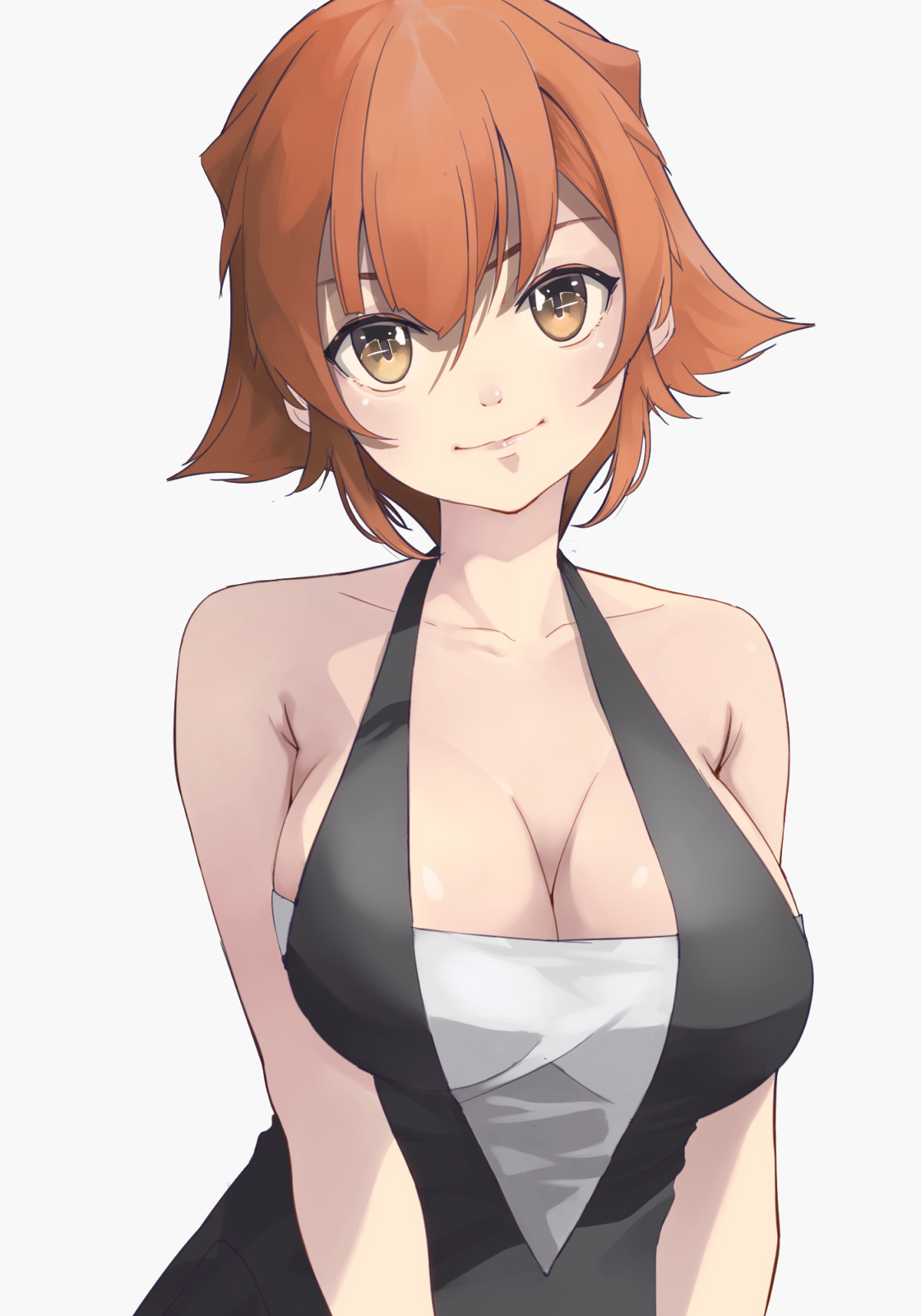 neko no hige, richard p. leary (kancolle), kantai collection, highres, 1girl, black dress, breasts, brown eyes, brown hair, cleavage, dress, flipped hair, medium breasts, short hair, simple background, solo, upper body, white background