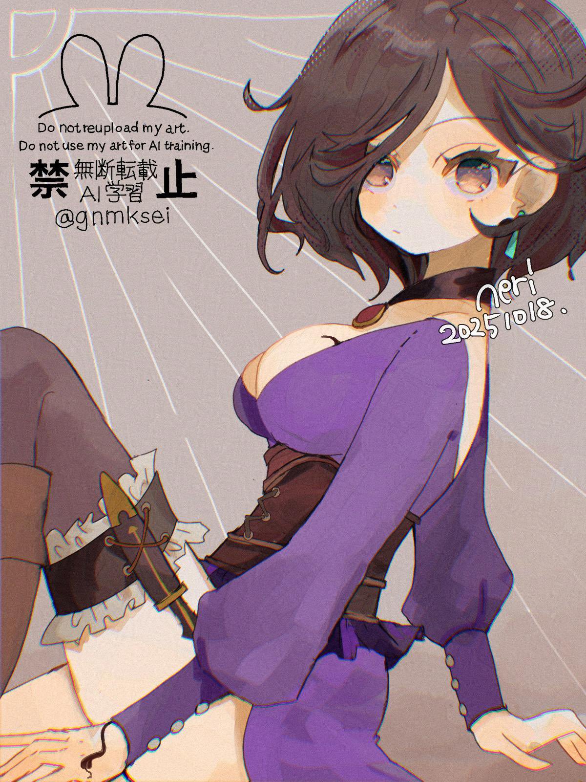 han (hn-khk), throne anguis, octopath traveler, octopath traveler ii, commentary request, highres, 1girl, artist name, black choker, boots, breasts, brown boots, brown corset, brown eyes, brown hair, choker, cleavage, closed mouth, corset, dagger, dated, dot nose, dress, earrings, feet out of frame, grey background, grey thighhighs, jewelry, knife, long sleeves, looking at viewer, medium breasts, parted bangs, pendant, pendant choker, purple dress, short hair, side slit, sitting, solo, swept bangs, thigh strap, thighhighs, twintails, underbust, weapon