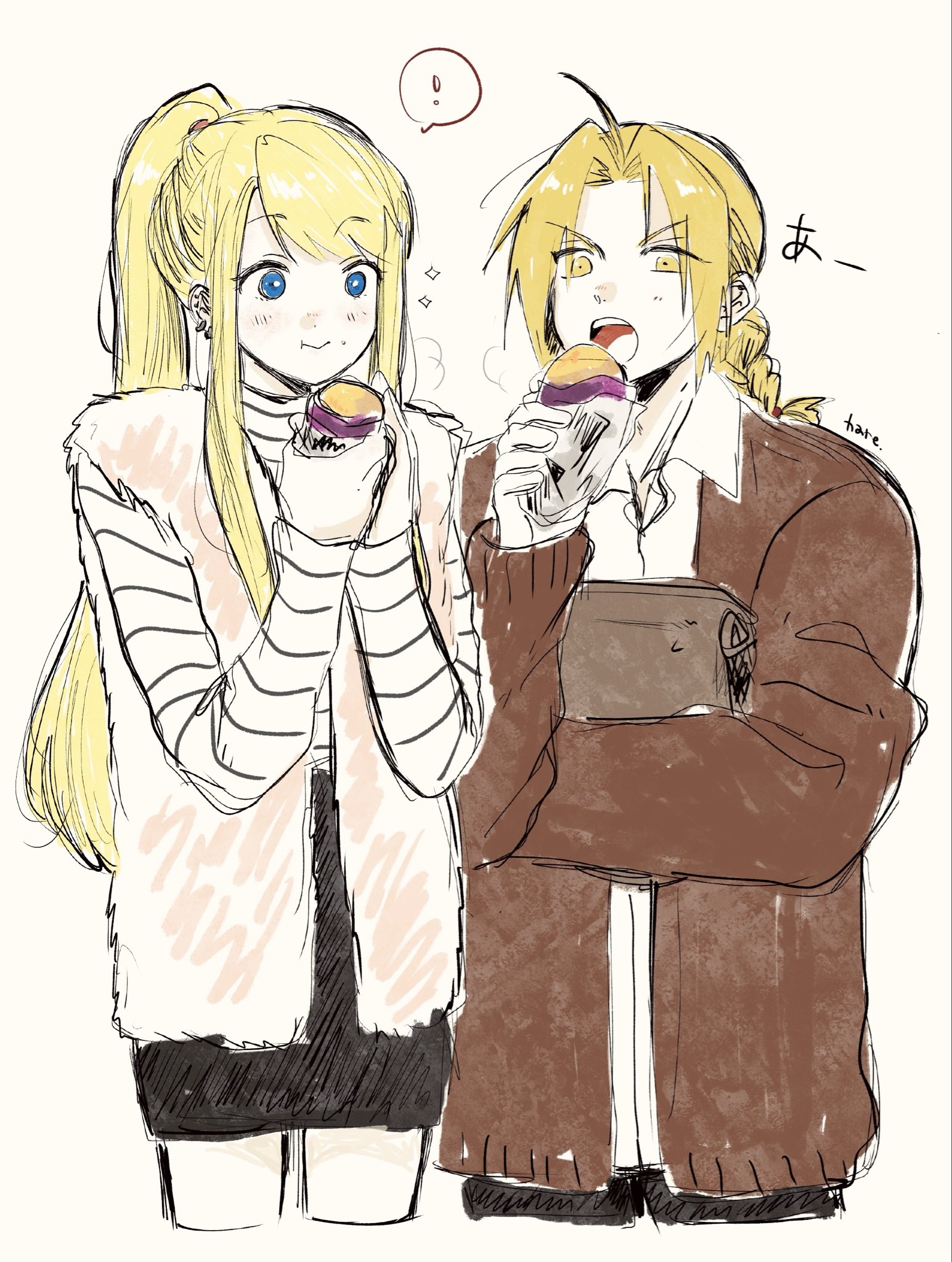 hare87073434281, edward elric, winry rockbell, fullmetal alchemist, highres, !, 1boy, 1girl, ahoge, artist name, bag, black skirt, blonde hair, blue eyes, braid, brown coat, chewing, coat, collared shirt, couple, cowboy shot, cropped legs, earrings, eating, food, fur vest, hetero, holding, holding bag, holding food, jewelry, light blush, long hair, multiple earrings, open mouth, parted bangs, ponytail, shirt, sidelocks, single braid, sketch, skirt, sparkle, spoken exclamation mark, striped clothes, striped shirt, white background, white shirt, yellow eyes