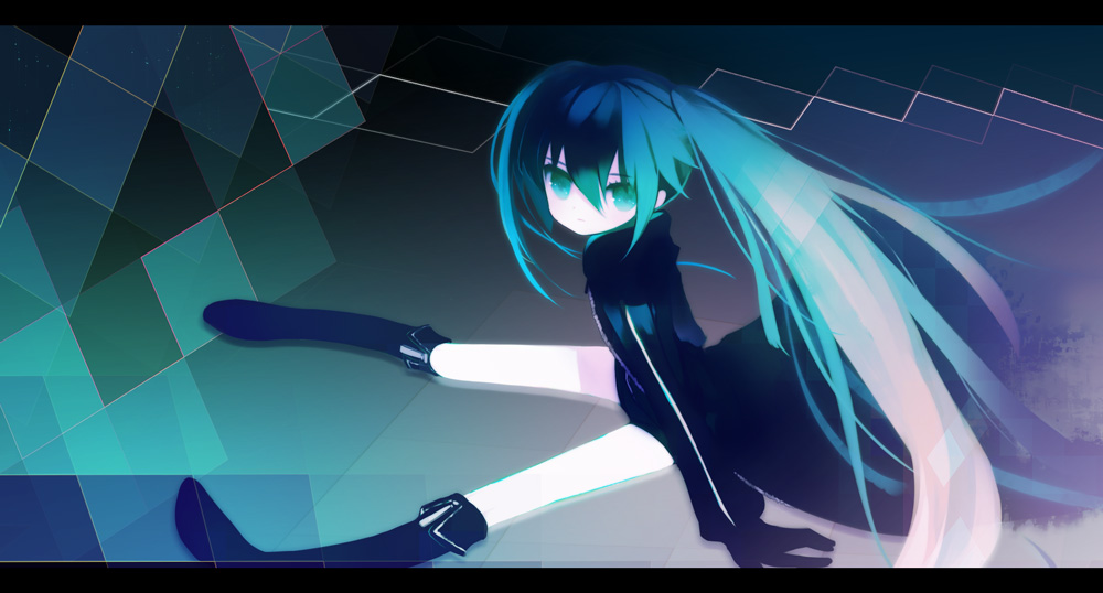 puti devil, black rock shooter (character), black rock shooter, vocaloid, 10s, 1girl, belt, black hair, blue eyes, blue hair, boots, coat, female focus, flat chest, gloves, glowing, glowing eyes, hood, hooded jacket, jacket, knee boots, long hair, matching hair/eyes, pale skin, short shorts, shorts, sitting, solo, star (symbol), staring, twintails, uneven twintails, very long hair