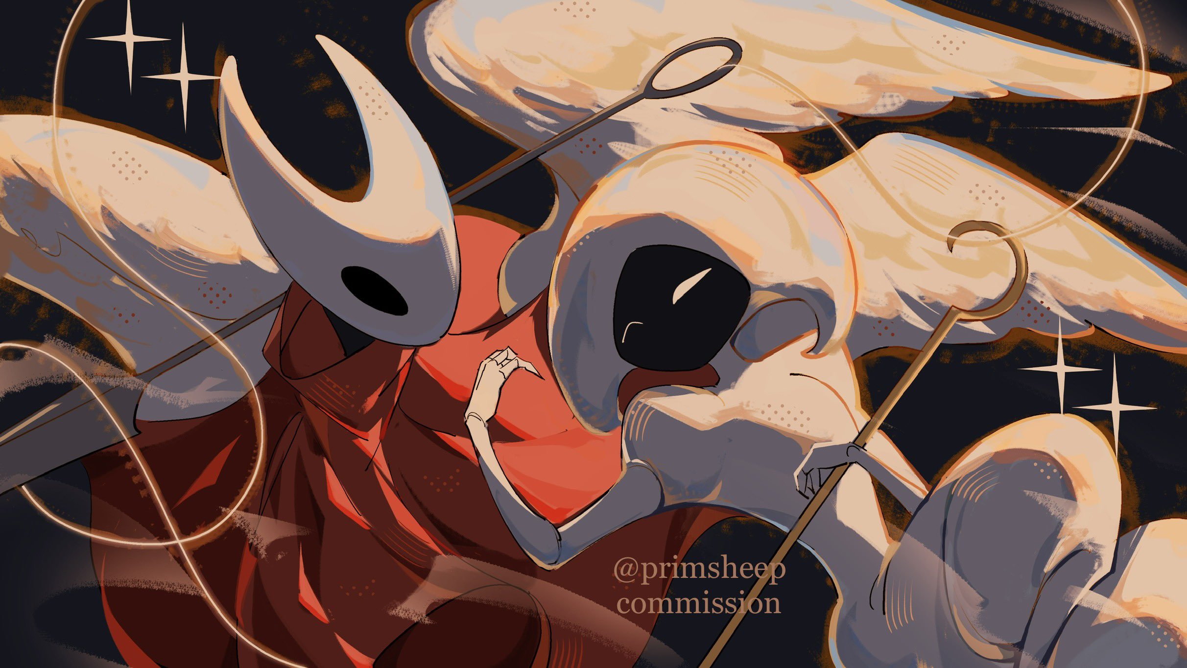primsheep, hornet (hollow knight), lace (hollow knight), hollow knight, hollow knight: silksong, commission, highres, 2girls, arthropod girl, black skin, blank eyes, cloak, colored skin, feathered wings, hollow eyes, horned mask, horns, looking at another, mask, multiple girls, needle (hollow knight), one eye closed, red cloak, sparkle, thread, twitter username, white mask, wings