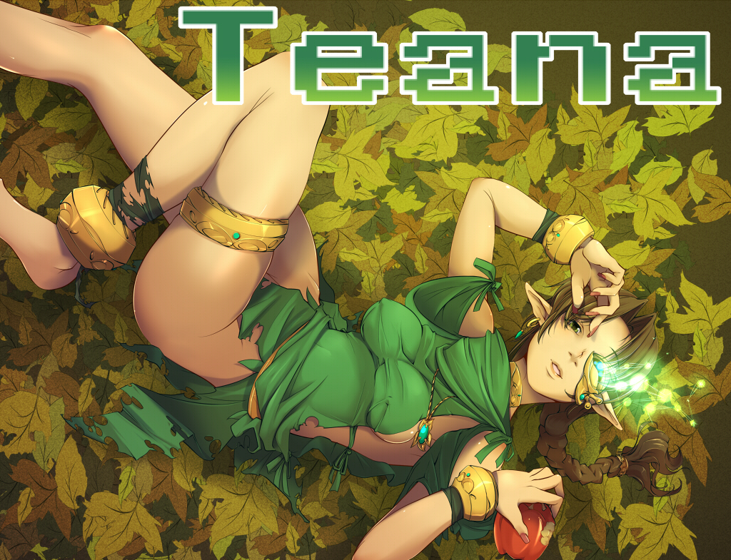 painpa, teana (panel de pon), panel de pon, 1girl, ankle cuffs, barefoot, braid, breasts, character name, covered erect nipples, elf, female focus, leaf, lying, magic, medium breasts, naked tabard, pointy ears, solo, tabard, torn clothes