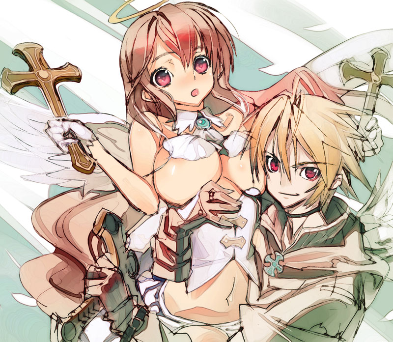 sanbasou, bad id, bad pixiv id, 1boy, 1girl, angel, blonde hair, breasts, cross, halo, long hair, pink eyes, pink hair, red eyes, short hair, underboob, wings