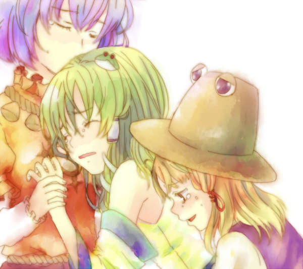 hidari (coletica), kochiya sanae, moriya suwako, pyonta, yasaka kanako, touhou, bad id, bad pixiv id, 3girls, blonde hair, closed eyes, comforting, female focus, frog, green hair, hair ornament, hat, holding hands, long hair, multiple girls, purple hair, sad, short hair, tears, wavy mouth