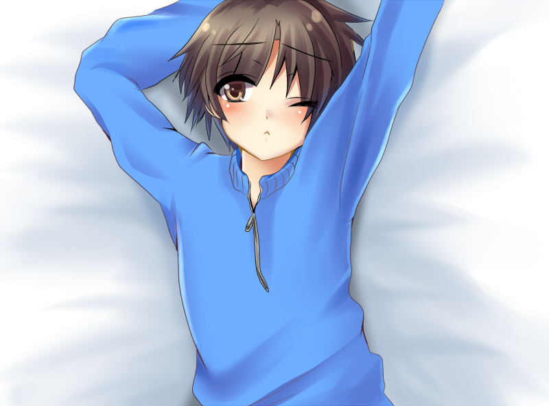 masayu, naoe riki, little busters!, bad id, bad pixiv id, 1boy, :<, ;<, bed, blush, brown eyes, brown hair, lying, male focus, on back, one eye closed, solo, sweater, wink, zipper