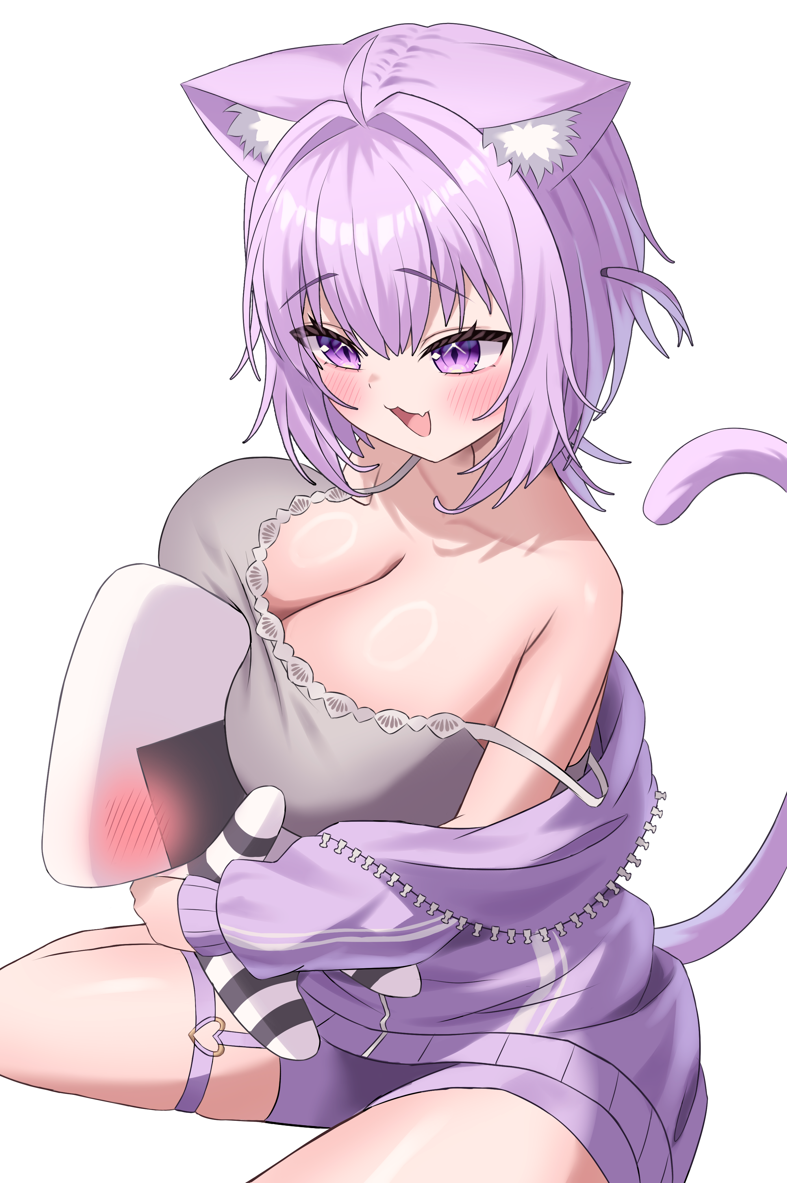 kumoru (kumoru 145), nekomata okayu, nekomata okayu (membership), onigirya (nekomata okayu), hololive, absurdres, commentary request, highres, 1girl, :3, :d, ahoge, animal ears, breasts, camisole, cat ears, cat girl, cat tail, cleavage, double-parted bangs, fang, grey camisole, hair between eyes, heart, heart o-ring, hug, jacket, o-ring, o-ring thigh strap, off shoulder, official alternate hairstyle, open mouth, purple eyes, purple hair, purple jacket, purple shorts, short hair, short shorts, shorts, simple background, sitting, skin fang, smile, solo, strap slip, tail, thigh strap, two side up, virtual youtuber, white background