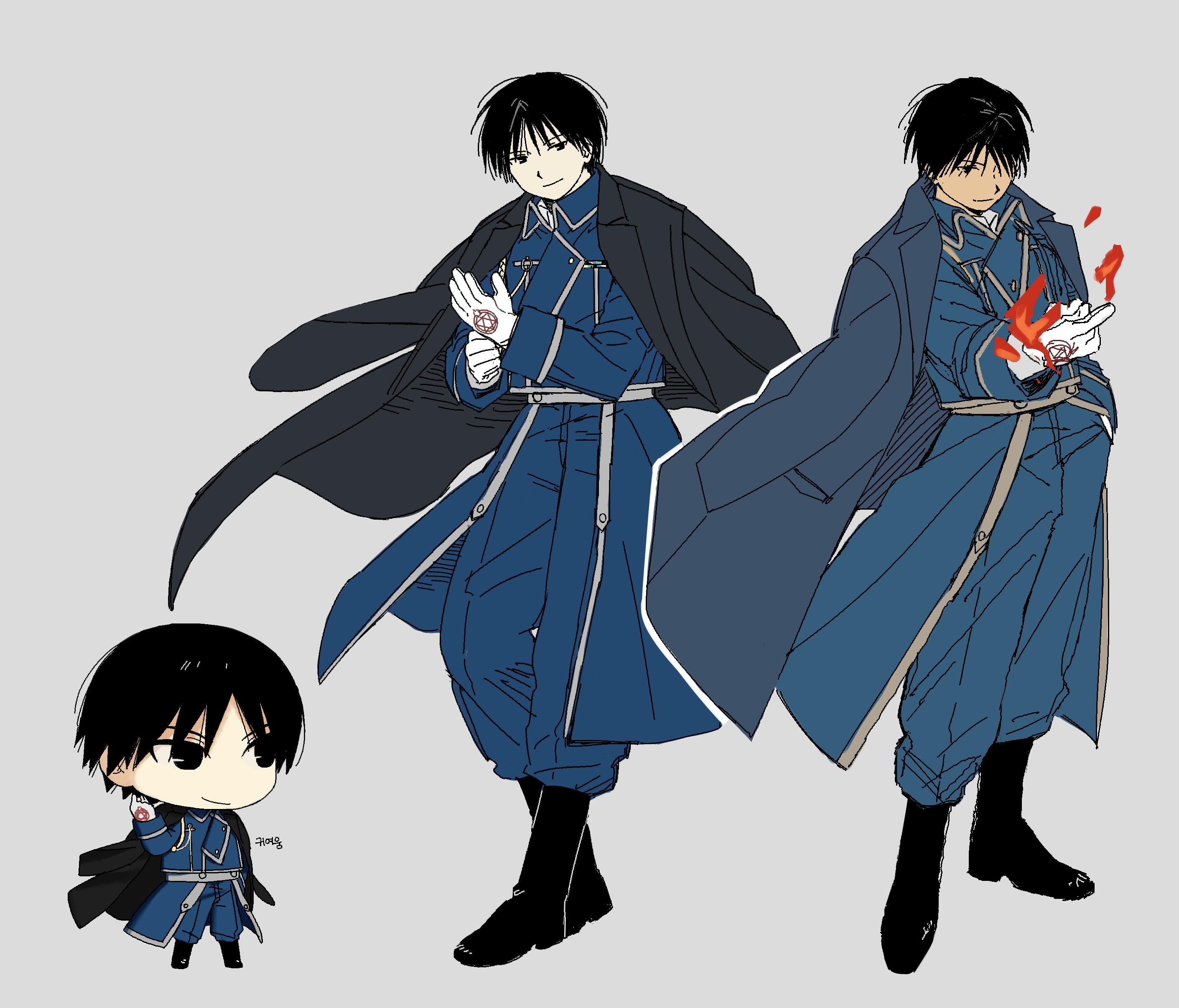 roy mustang, fullmetal alchemist, absurdres, highres, 1boy, adjusting clothes, adjusting gloves, black boots, black coat, black hair, blue jacket, blue pants, boots, chibi, chibi inset, coat, coat on shoulders, flaming hand, full body, gloves, grey background, hair over one eye, jacket, light smile, long coat, ls182 520, male focus, military jacket, military uniform, multiple views, pants, short hair, silver trim, solo, standing, white gloves