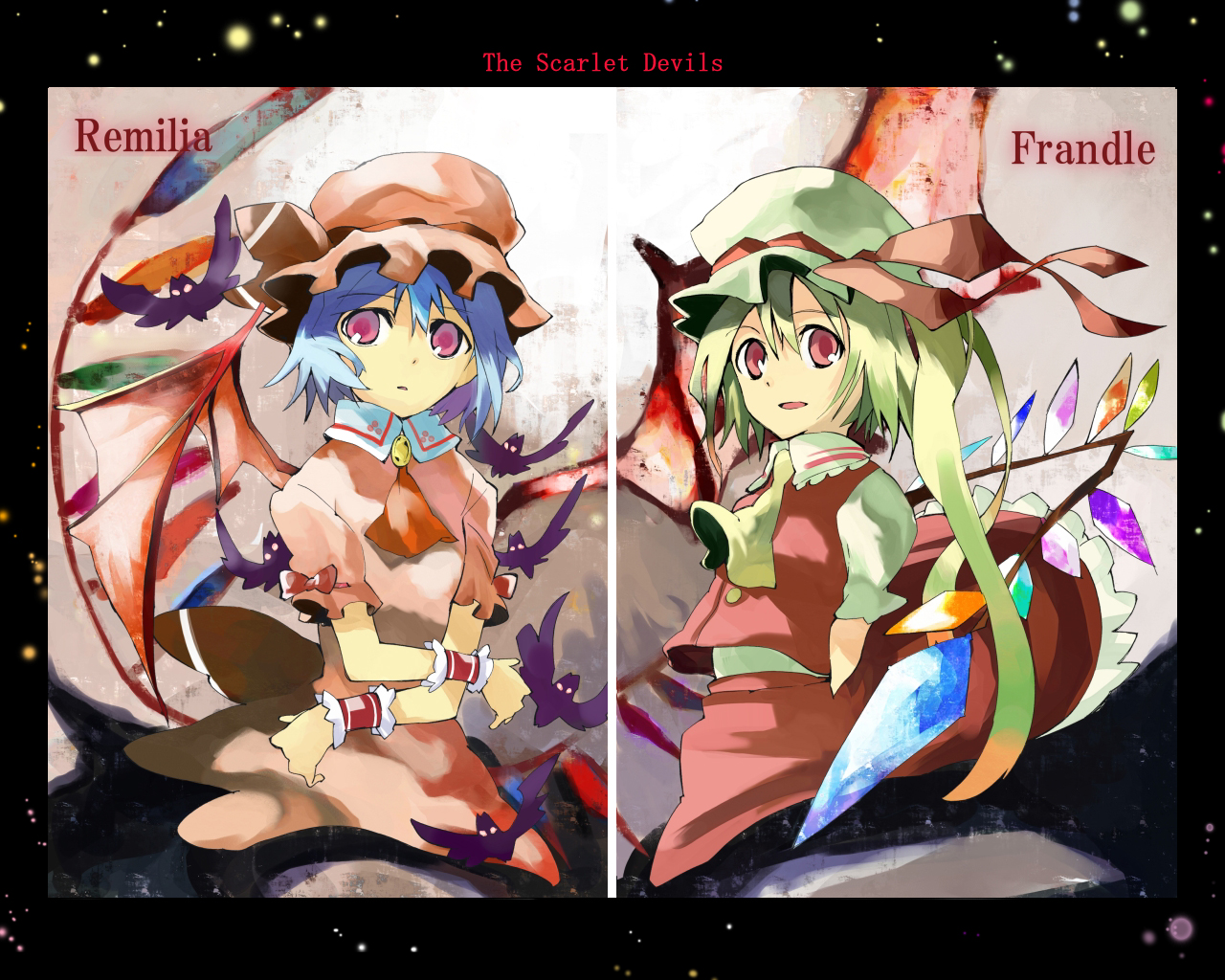 ogawa maiko, flandre scarlet, remilia scarlet, touhou, 2girls, arms behind back, english text, engrish text, female focus, multiple girls, ranguage, siblings, sisters