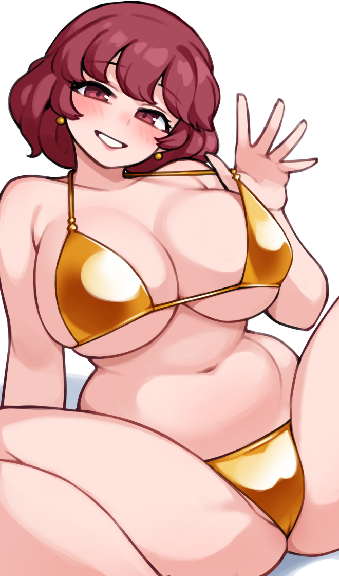 kwaejina, nonohara akane's mother, idolmaster, idolmaster million live!, commentary request, commission, pixiv commission, 1girl, bikini, bikini tug, blush, breasts, cameltoe, curvy, gold bikini, head tilt, huge breasts, looking at viewer, mature female, navel, partially visible vulva, red eyes, red hair, short hair, sitting, smile, solo, spread legs, stomach, swimsuit