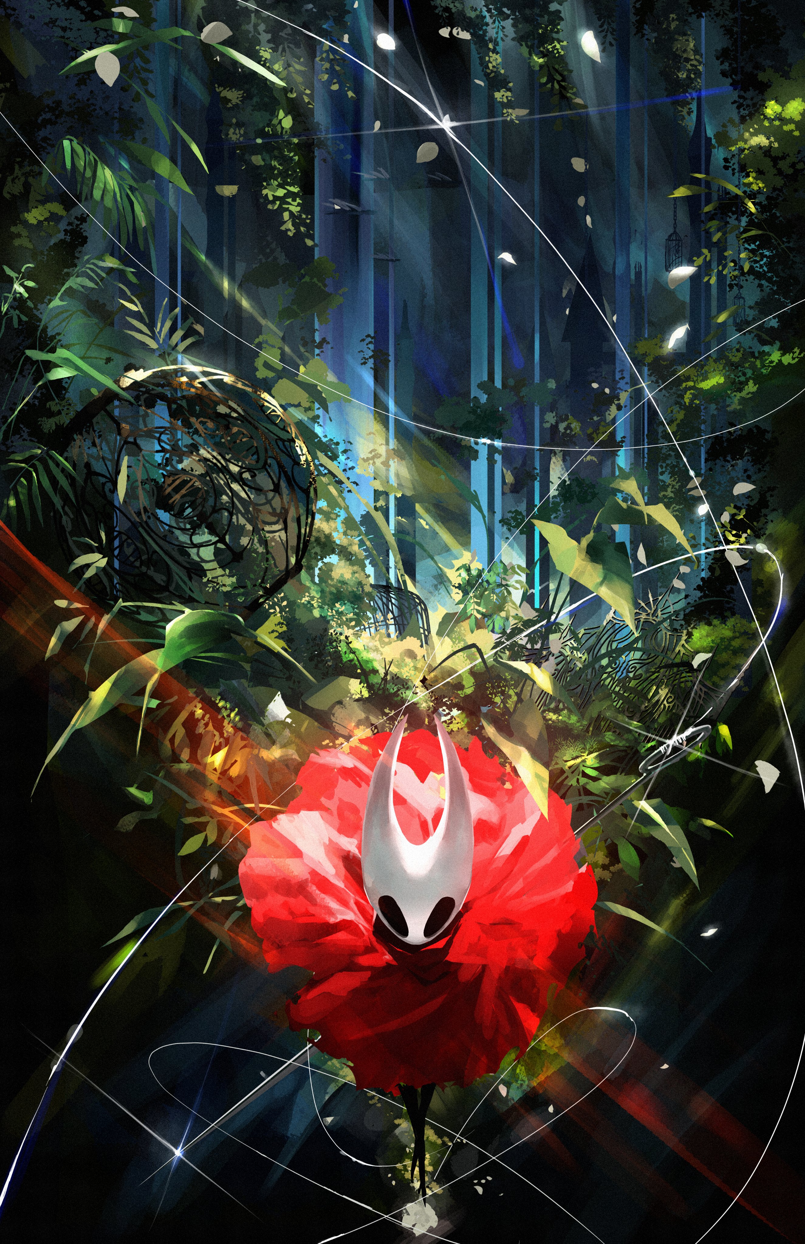 meltyrice, hornet (hollow knight), hollow knight, hollow knight: silksong, absurdres, highres, arthropod girl, black eyes, black skin, cage, cloak, colored skin, full body, holding, holding needle, holding weapon, hollow eyes, horned mask, horns, leaf, looking at viewer, mask, nature, needle, needle (hollow knight), petals, red cloak, standing, thread, tree, weapon, white mask