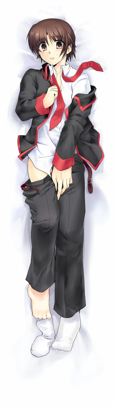 kanon (kn), naoe riki, little busters!, bad id, bad pixiv id, highres, long image, tall image, 1boy, belt, blush, brown hair, dakimakura (medium), full body, male focus, necktie, school uniform, short hair, socks, solo, trap, undressing