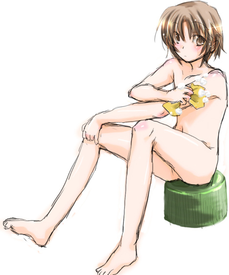 miyako ya, naoe riki, little busters!, wash, bad id, bad pixiv id, 1boy, barefoot, bathing, blush, bob cut, brown eyes, brown hair, feet, male focus, nude, simple background, sitting, sketch, solo, white background