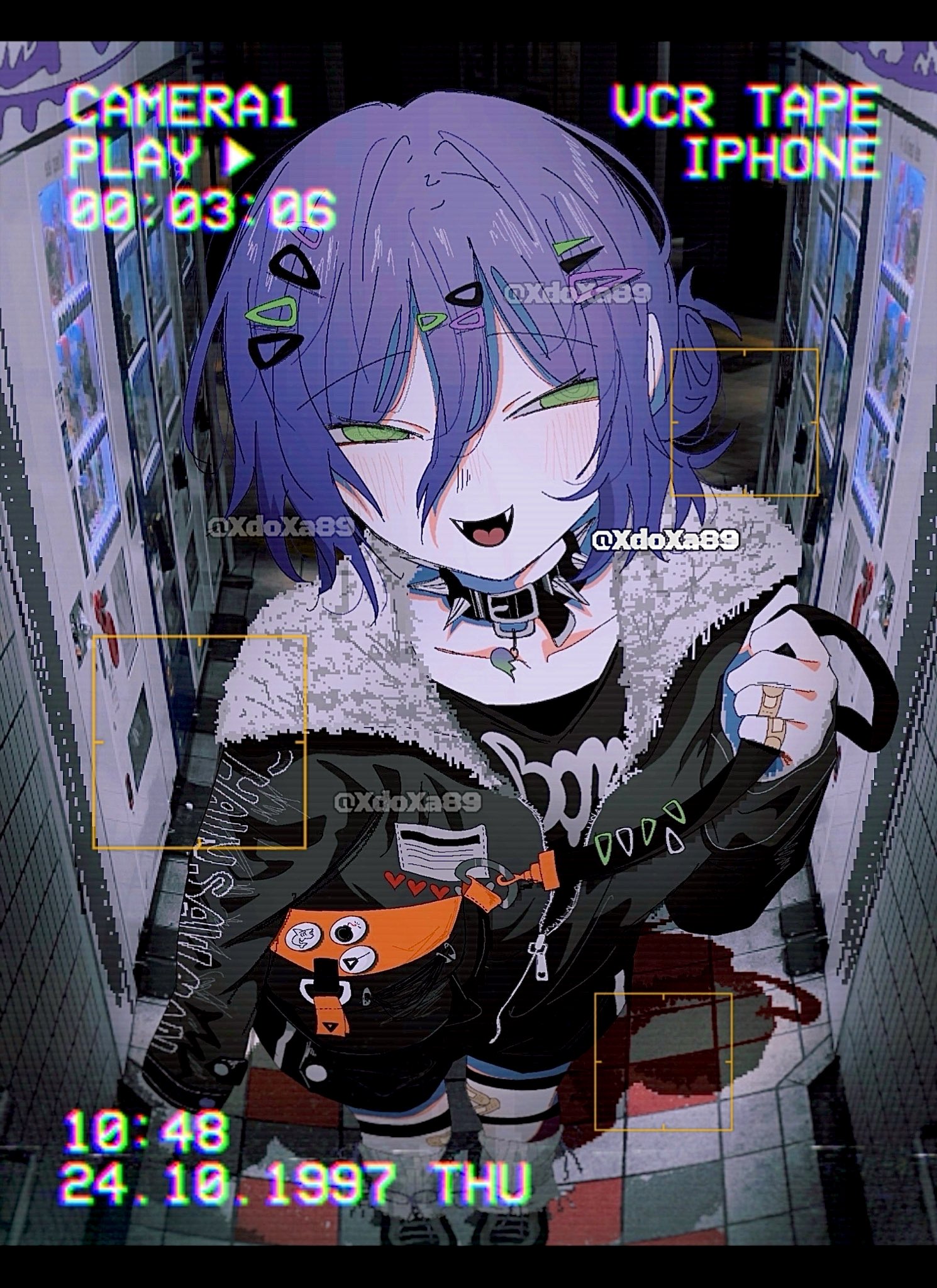 xdoxa89, reze (chainsaw man), chainsaw man, highres, 1girl, alternate costume, bandaid, bandaid on finger, bandaid on hand, black jacket, black shirt, black shorts, collar, fangs, fanny pack, green eyes, hair between eyes, hair bun, jacket, looking at viewer, open mouth, purple hair, shirt, shorts, solo, spiked collar, spikes
