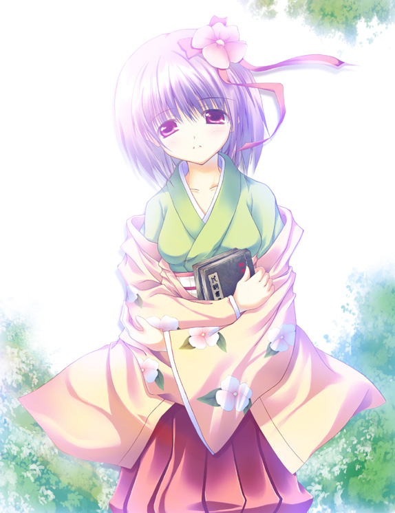 araissu, hieda no akyuu, touhou, 1girl, book, female focus, flower, japanese clothes, kimono, outdoors, plant, purple eyes, purple hair, short hair, solo, standing