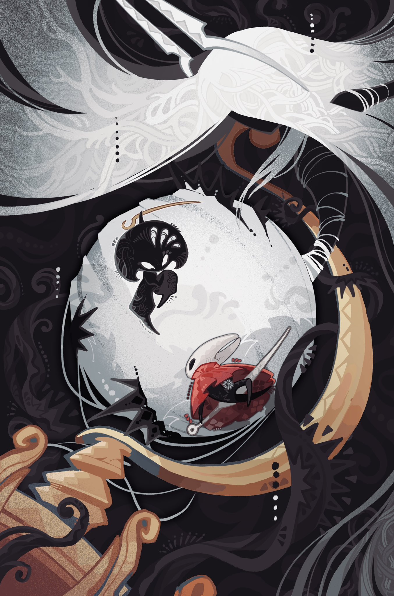 r0si3, hornet (hollow knight), lace (hollow knight), hollow knight, hollow knight: silksong, highres, spoilers, 3girls, absurdly long hair, arthropod girl, black eyes, black skin, boss fight, cloak, colored skin, faceless, flower, full body, giant, giantess, grand mother silk (hollow knight), holding, holding needle, holding weapon, hollow eyes, horned mask, horns, long hair, looking at another, mask, multiple girls, needle, needle (hollow knight), no humans, no mouth, pin (hollow knight), red cloak, standing, tentacles, thread, very long hair, weapon, white flower, white hair, white mask