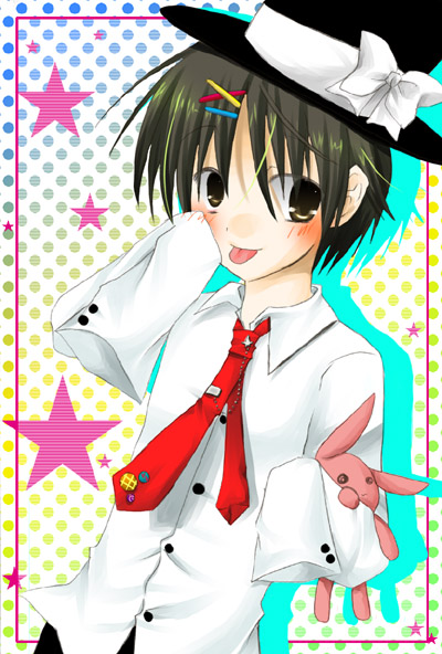 hinashota, naoe riki, little busters!, 1boy, bob cut, hat, male focus, necktie, rabbit, solo, tongue
