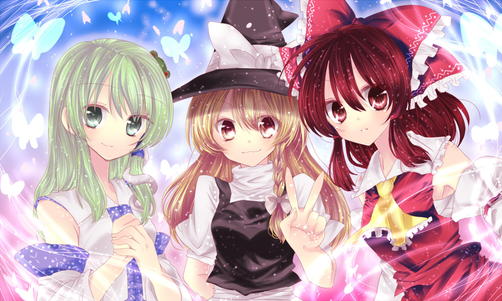 kanaritu, hakurei reimu, kirisame marisa, kochiya sanae, touhou, bad id, bad pixiv id, 3girls, female focus, multiple girls, v