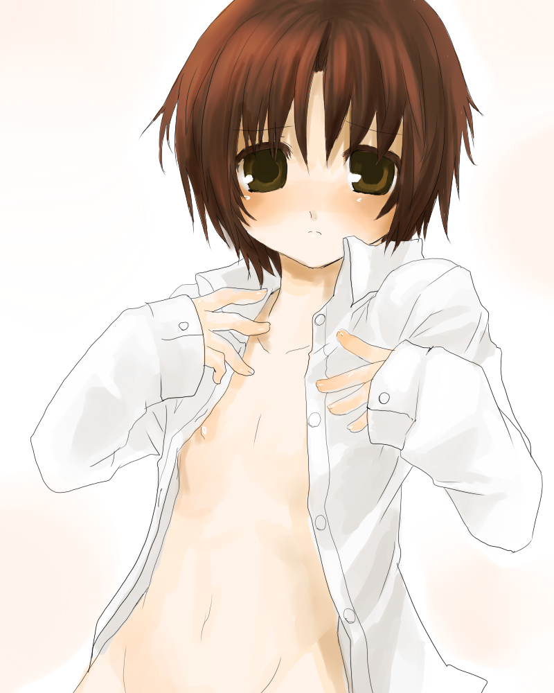 komota (mikebukuro), naoe riki, little busters!, bad id, bad pixiv id, 1boy, bob cut, brown eyes, brown hair, male focus, nipples, open clothes, open shirt, shirt, solo, white shirt