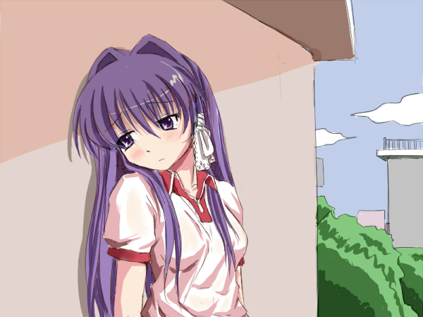 eyex, fujibayashi kyou, clannad, 00s, against wall, gym uniform, head tilt, long hair, purple eyes, purple hair, solo