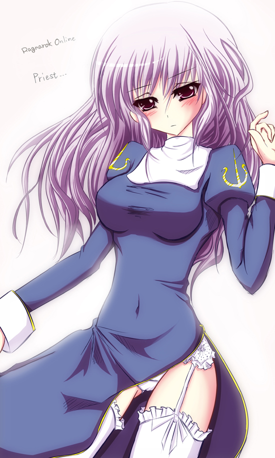 suisui (hakkindou), priest (ragnarok online), ragnarok online, commentary request, 1girl, 2000s (style), blue dress, blush, breasts, character name, closed mouth, copyright name, covered navel, cowboy shot, dress, garter belt, hand up, impossible clothes, impossible dress, juliet sleeves, long hair, long sleeves, looking at viewer, medium breasts, orange eyes, panties, puffy sleeves, purple hair, side slit, simple background, solo, underwear, white background, white panties
