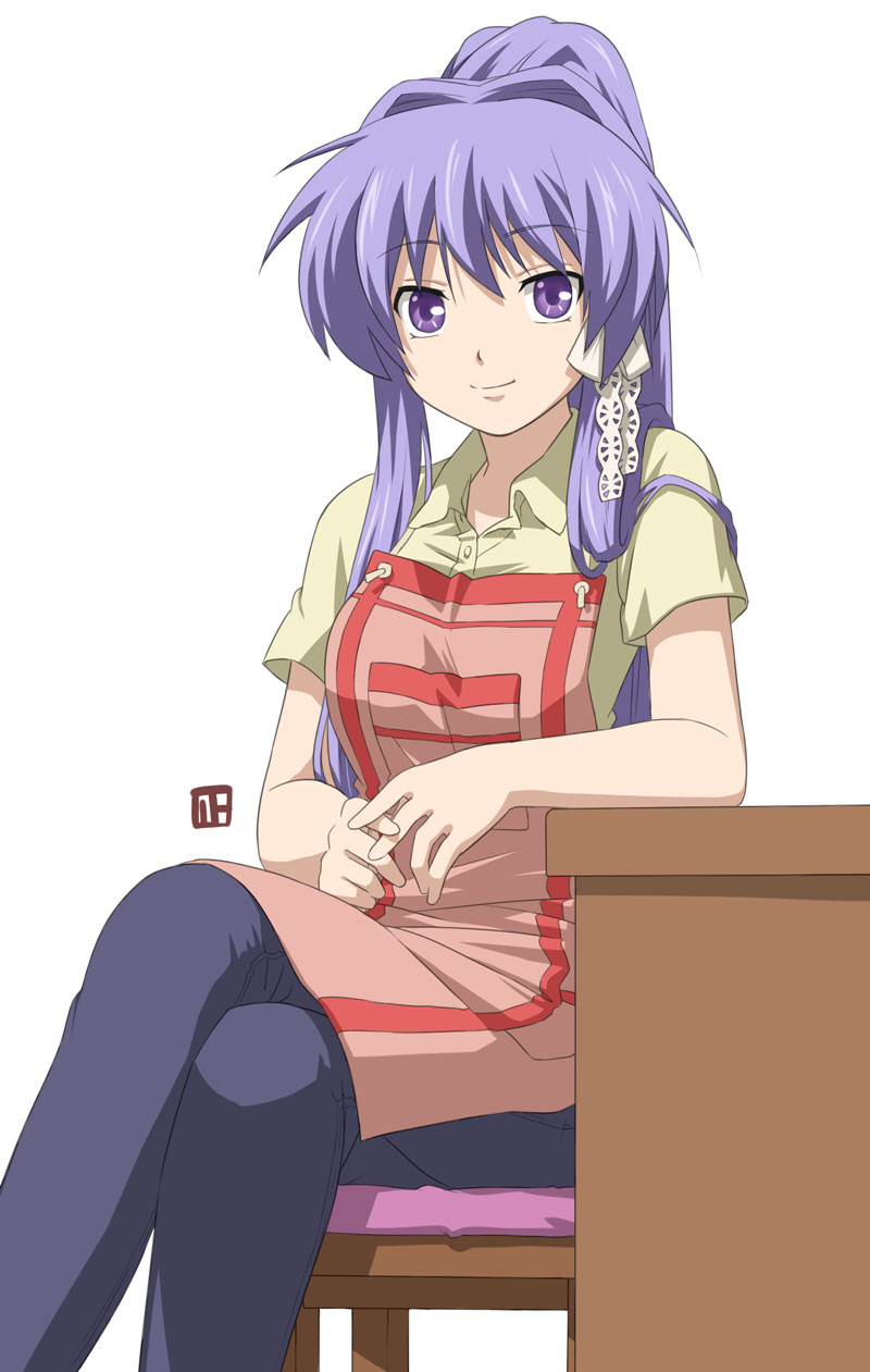 nagian, fujibayashi kyou, clannad, bad id, bad pixiv id, highres, 00s, 1girl, aged up, apron, crossed legs, female focus, hair intakes, kindergarten teacher, long hair, ponytail, purple eyes, purple hair, simple background, sitting, smile, solo, very long hair, white background