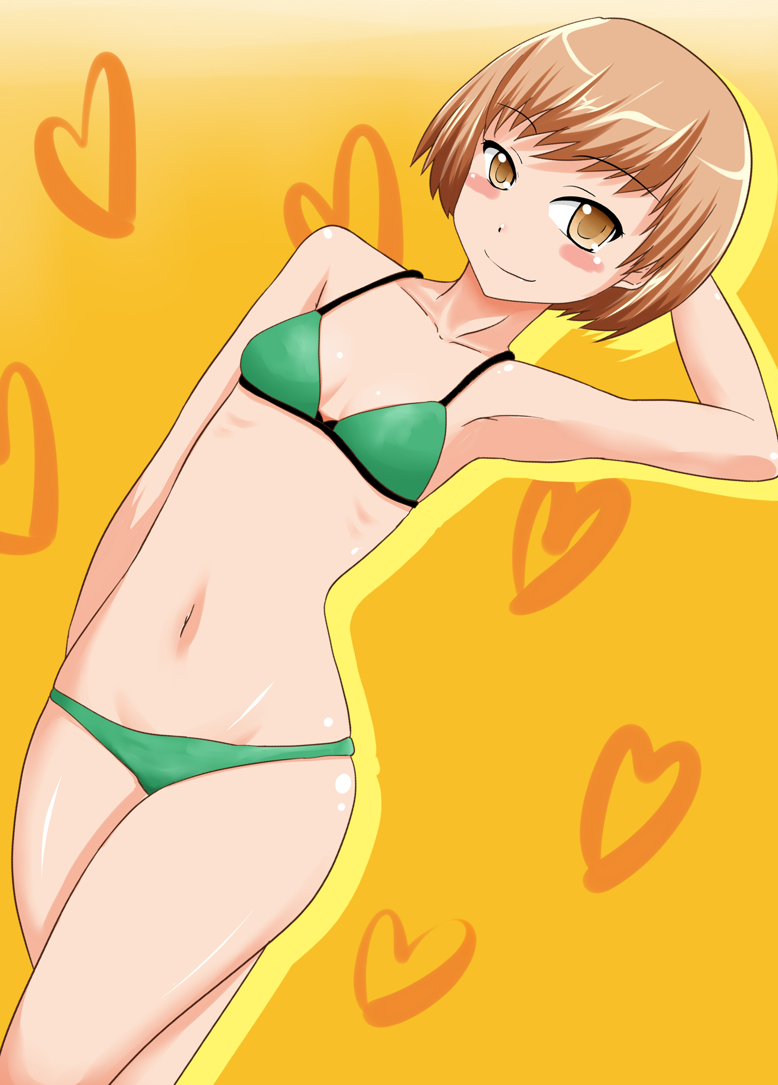 sugamo, satonaka chie, atlus, persona, persona 4, bad id, bad pixiv id, highres, armpits, bikini, brown eyes, brown hair, green bikini, heart, short hair, solo, swimsuit
