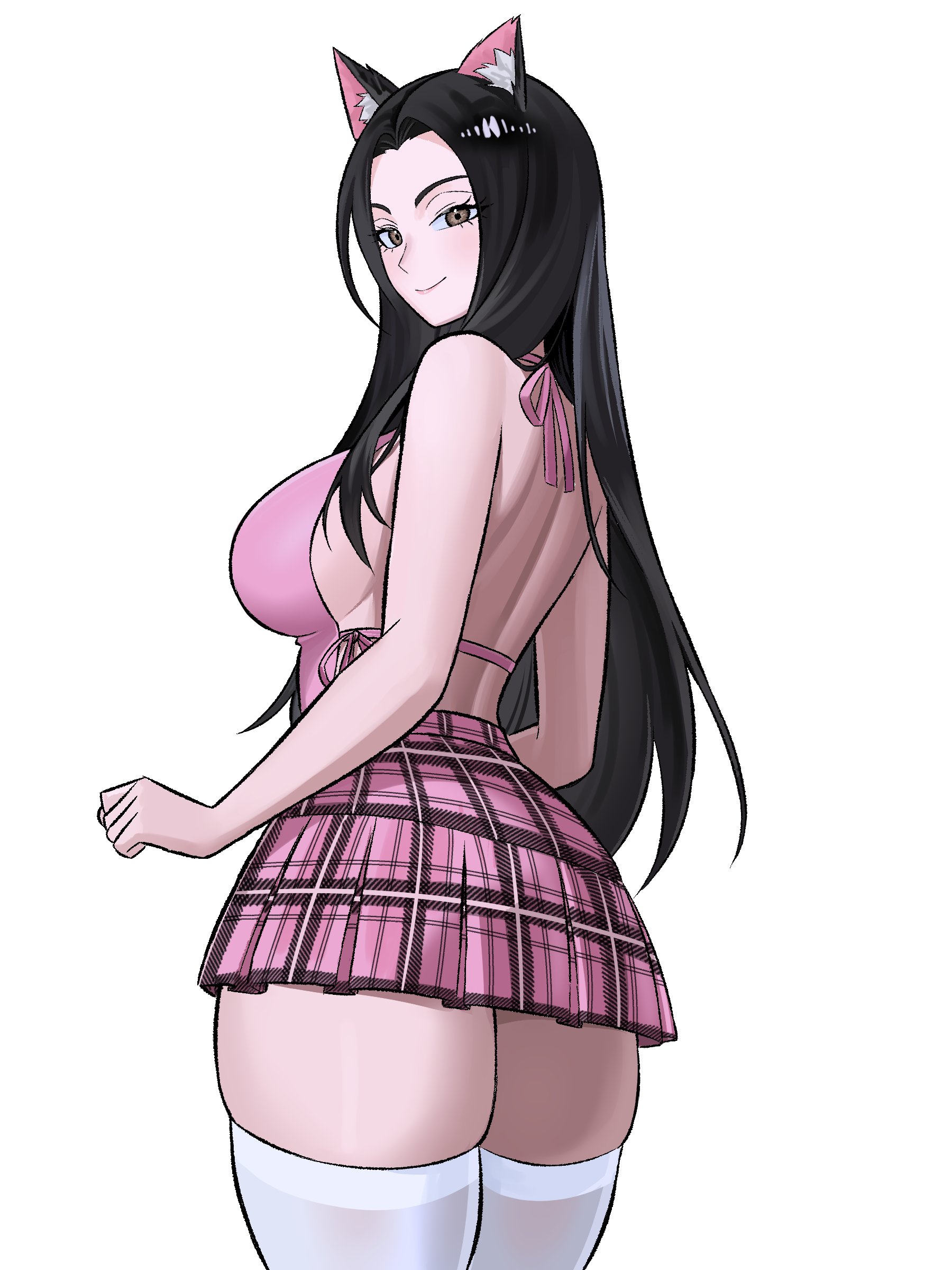 zeon (zzeeonn), original, absurdres, highres, 1girl, animal ear fluff, animal ears, back, backless shirt, black hair, brown eyes, cat ears, cat girl, closed mouth, lipstick, long hair, looking at viewer, makeup, pink lips, pink shirt, pink skirt, shirt, skirt, smile, solo, standing, swept bangs, thighhighs, thighs, very long hair, white background, white thighhighs