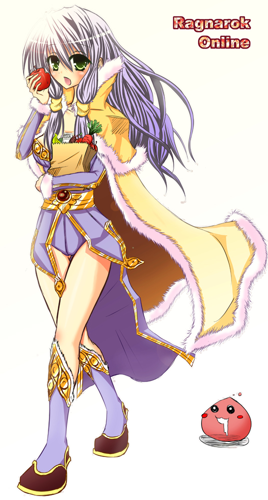 kirisame sui, poring, wizard (ragnarok online), ragnarok online, commentary request, 1girl, 2000s (style), :3, apple, bag, blush, boots, cape, carrot, copyright name, dress, eating, food, fruit, full body, fur-trimmed boots, fur-trimmed cape, fur trim, gold trim, green eyes, grey hair, long hair, looking at viewer, open mouth, paper bag, purple boots, purple dress, short dress, simple background, slime (creature), solo, walking, white background, yellow cape