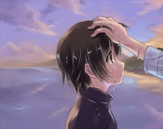 il (ill^6), naoe riki, little busters!, 1boy, baptism, bob cut, male focus, ocean, solo, water, wet