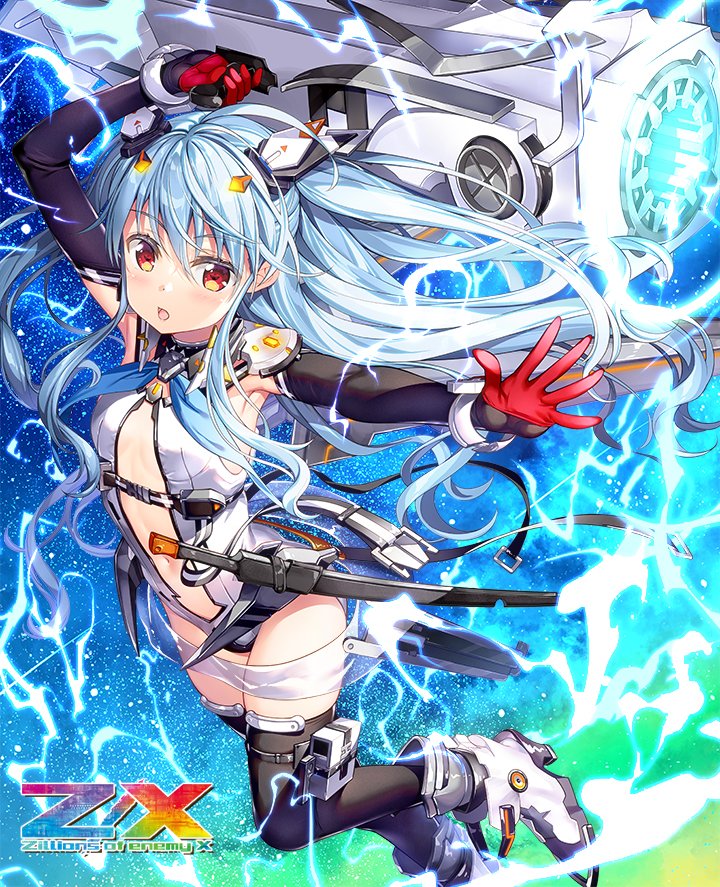 fujima takuya, kagamihara azumi, z/x, official art, 1girl, armpits, black thighhighs, blue hair, breasts, copyright logo, copyright notice, electricity, floating hair, gloves, hair between eyes, hair ornament, holding, holding weapon, leotard, logo, long hair, mecha musume, navel, open mouth, red eyes, red gloves, shoes, small breasts, solo, thighhighs, weapon, white leotard, white shoes