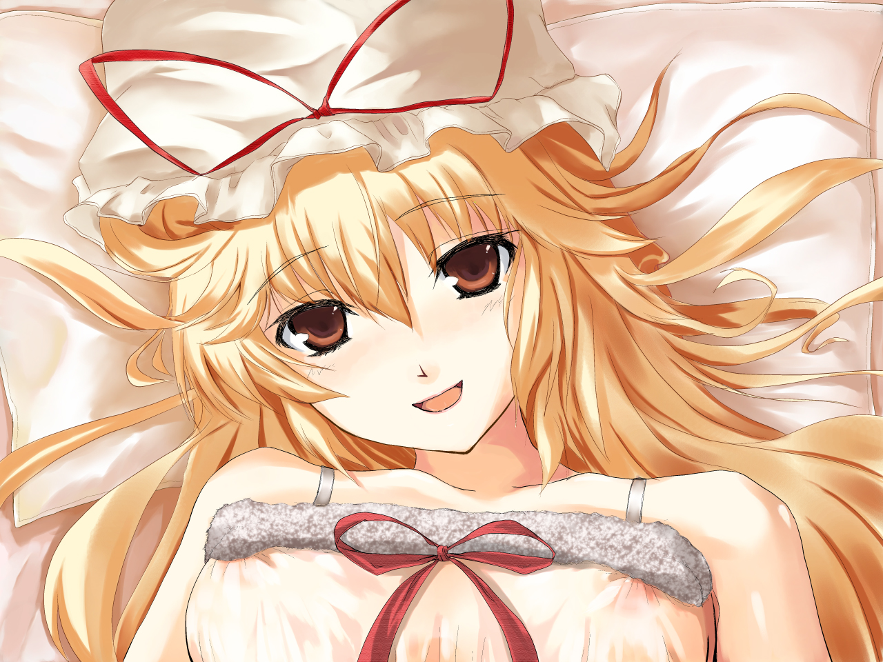 kuku px, yakumo yukari, touhou, 1girl, blonde hair, breasts, brown eyes, brown hair, female focus, hat, lying, ribbon, solo, upper body