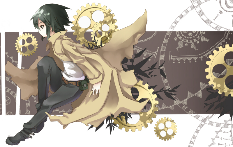 sasaki kouhei, kino (kino no tabi), kino no tabi, 00s, 1girl, androgynous, black hair, blouse, coat, female focus, floating clothes, gears, reverse trap, shirt, short hair, solo, white shirt