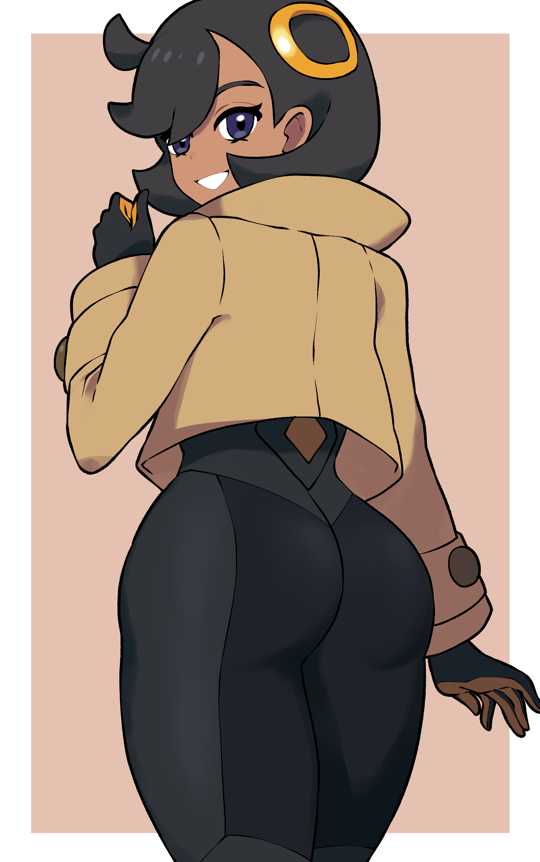 shoutaro saito, emma (pokemon), nintendo, pokemon, pokemon legends: z-a, absurdres, commentary, highres, 1girl, aged up, ass, black bodysuit, black hair, blue eyes, bodysuit, bodysuit under clothes, brown jacket, cowboy shot, cowlick, dark-skinned female, dark skin, from behind, gloves, grin, hair between eyes, hair ornament, hand up, jacket, long sleeves, looking at viewer, short hair, sidelocks, skin tight, smile, solo, standing, swept bangs