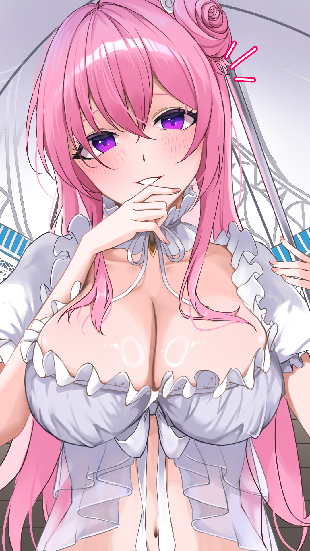 hakuryu02, dorothy (nikke), dorothy (serendipity) (nikke), goddess of victory: nikke, commentary request, commission, highres, large variant set, skeb commission, variant set, 1girl, bikini, breasts, cleavage, holding, holding umbrella, large breasts, long hair, midriff, navel, official alternate costume, pink hair, purple eyes, swimsuit, umbrella, very long hair, white bikini
