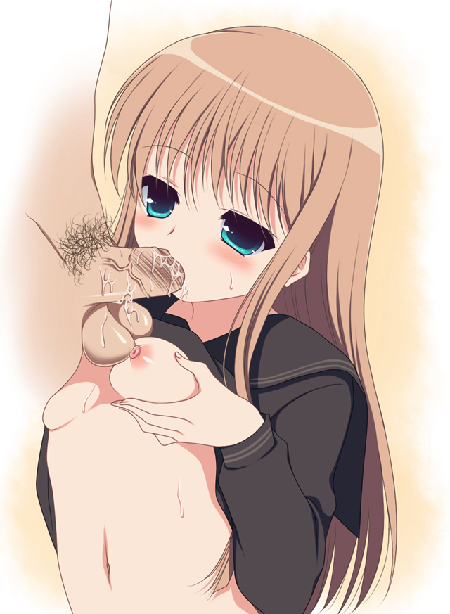 sumii, breast hold, bad id, bad pixiv id, 1girl, blue eyes, blush, breast lift, breasts, brown hair, clothes lift, fellatio, flat chest, long hair, male pubic hair, navel, nipples, oral, penis, petite, pubic hair, saliva, school uniform, shirt lift, solo focus, testicles, uncensored