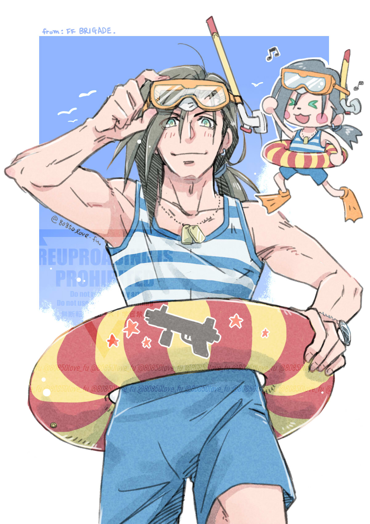 80850love fu, laguna loire, final fantasy, final fantasy viii, highres, 1boy, adjusting eyewear, black hair, blue male swimwear, blue shorts, blue sky, border, bracelet, chibi, chibi inset, closed mouth, copyright name, cowboy shot, dog tags, earrings, flippers, goggles, goggles on head, green eyes, hair between eyes, hair tubes, holding, holding swim ring, innertube, jewelry, light blush, long hair, low ponytail, male focus, male swimwear, musical note, official alternate costume, open mouth, ponytail, shorts, single earring, sky, smile, snorkel, snorkel mask, solo, striped tank top, swim ring, tank top, twitter username, white border