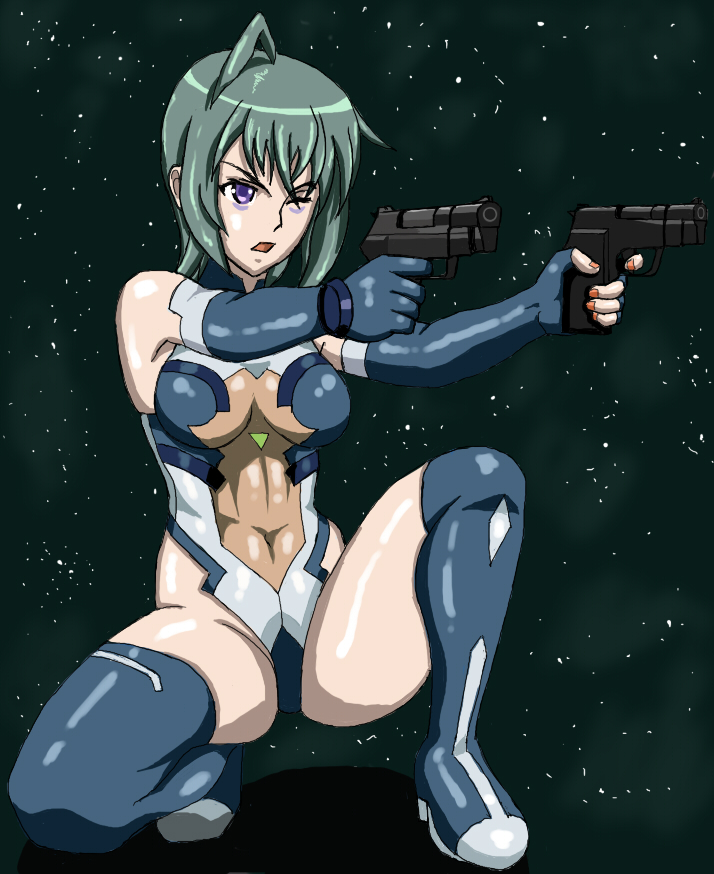 masayaso, kannagi itsuki, sora wo kakeru shoujo, 00s, ahoge, dual wielding, gloves, green hair, gun, handgun, holding, leotard, navel, one eye closed, pistol, purple eyes, short hair, skin tight, solo, star (symbol), thighhighs, weapon, wink