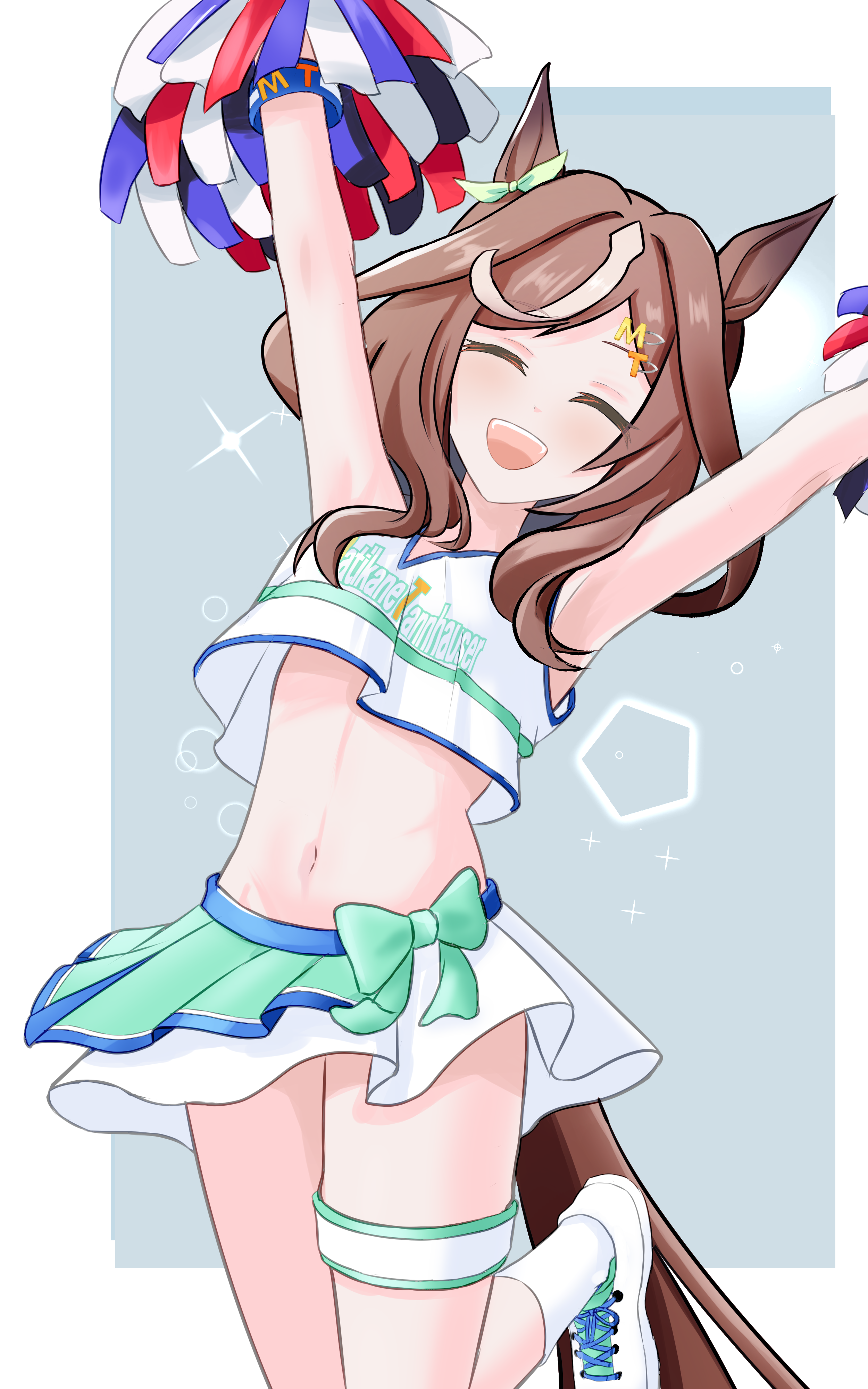 nagonago10, matikanetannhauser (umamusume), umamusume, absurdres, commentary request, highres, 1girl, alternate costume, animal ears, armpits, breasts, cheerleader, closed eyes, collarbone, hair between eyes, hair ornament, horse ears, horse girl, horse tail, medium breasts, medium hair, navel, open mouth, pom pom (cheerleading), solo, tail