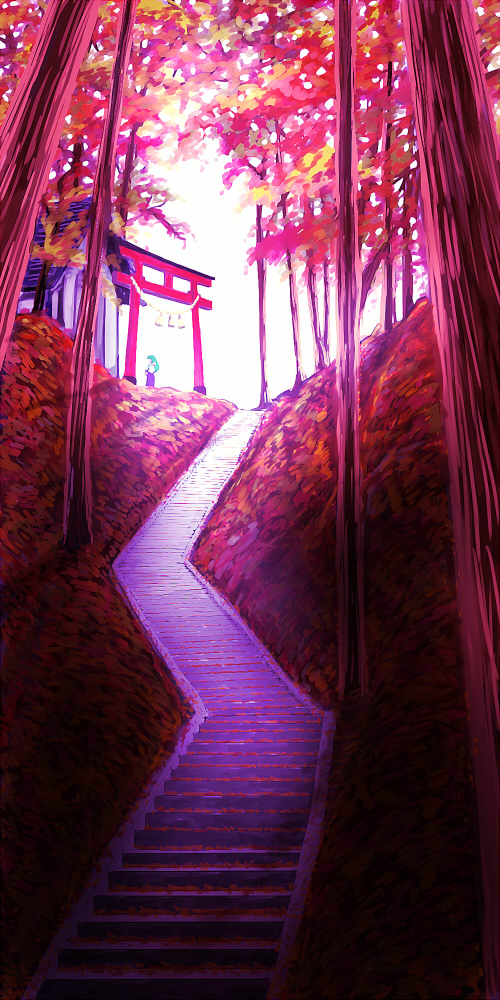 kochiya sanae, touhou, artist request, 1girl, autumn, female focus, outdoors, plant, scenery, solo, stairs, standing, torii, tree